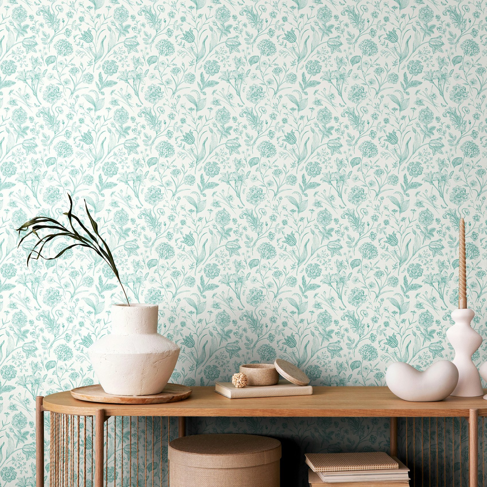 Rackhams Blue Floral Toile - Duck Egg 10M Wallpaper