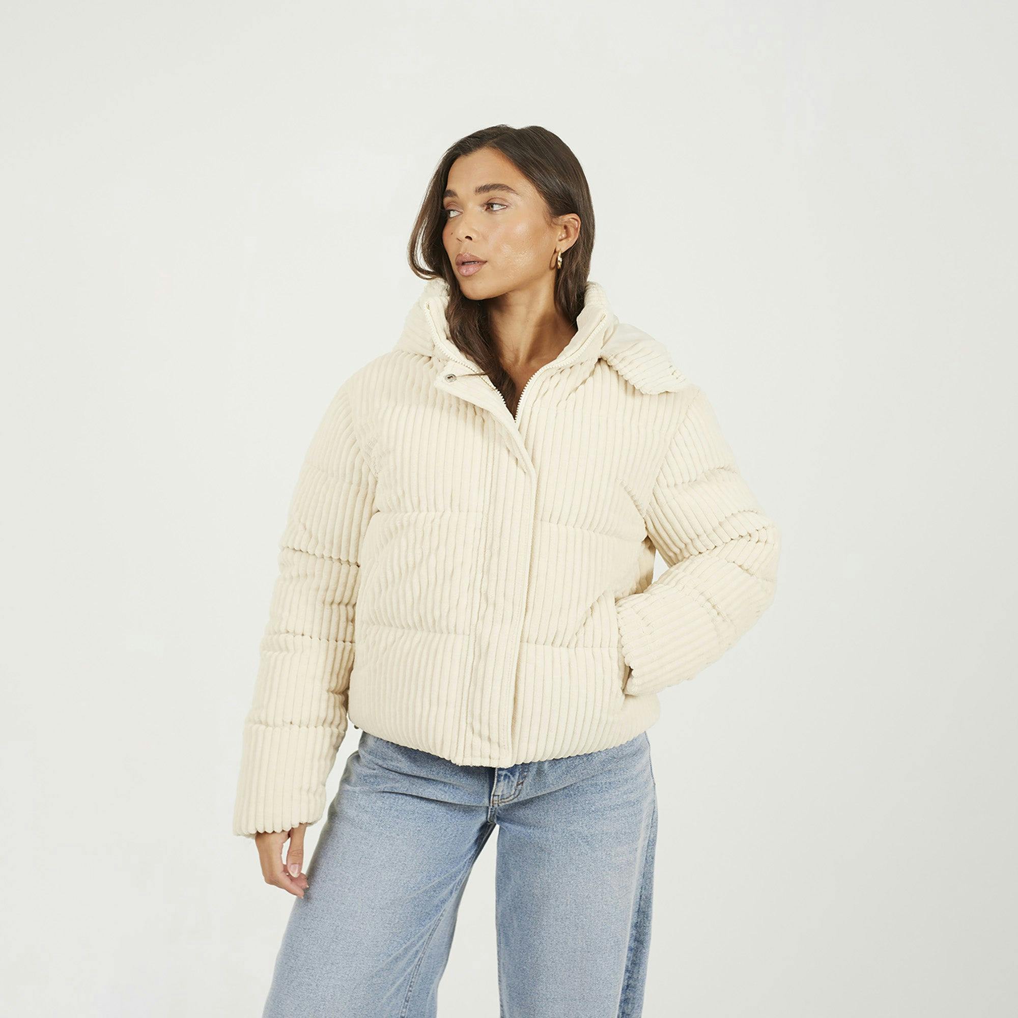 Brave Soul Cream Jumbo Cord Hooded Puffer Jacket - 14