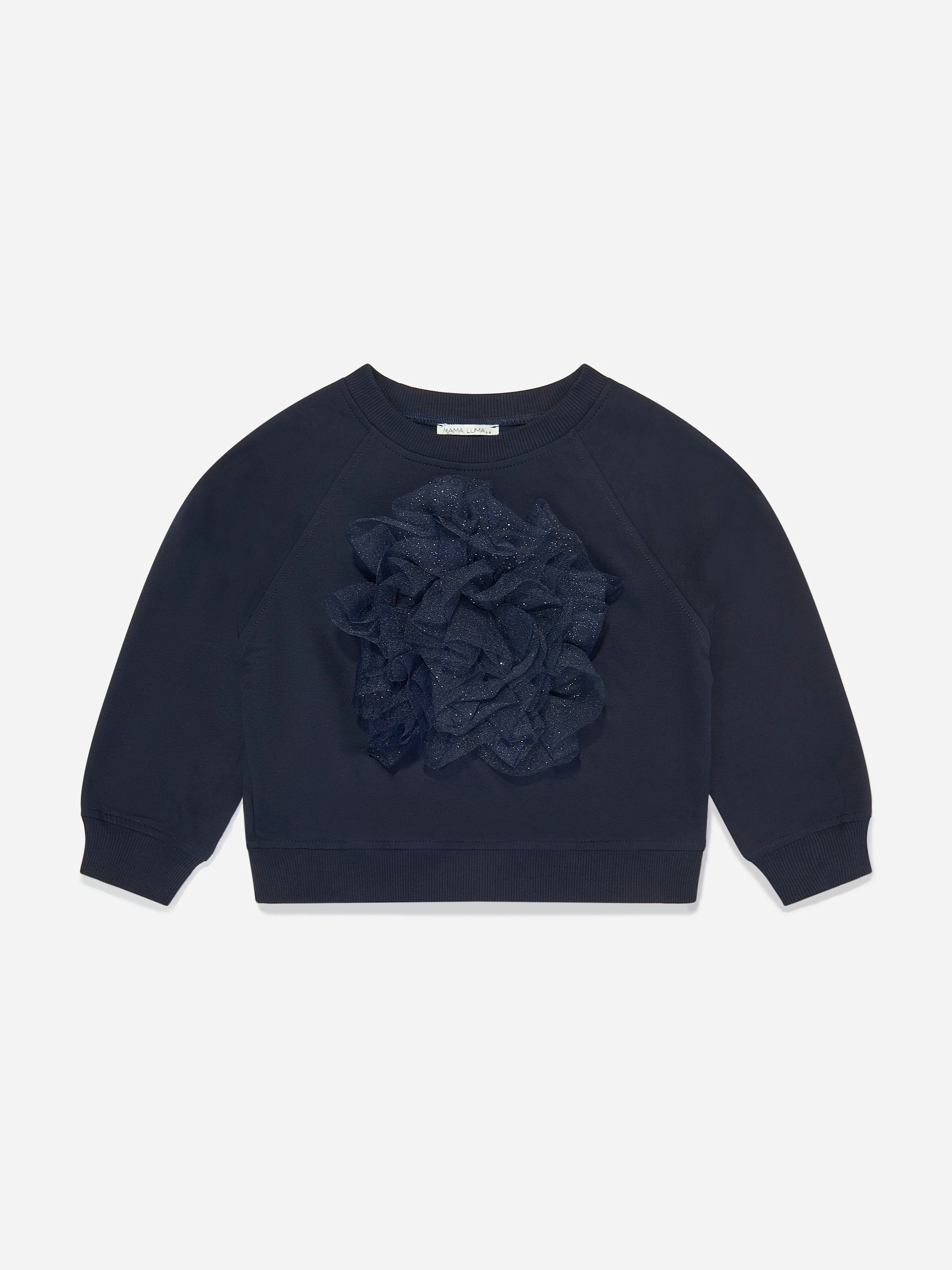 Mama Luma Girls Blue Organza Flower Sweatshirt In Navy - 9 - 10 Yrs