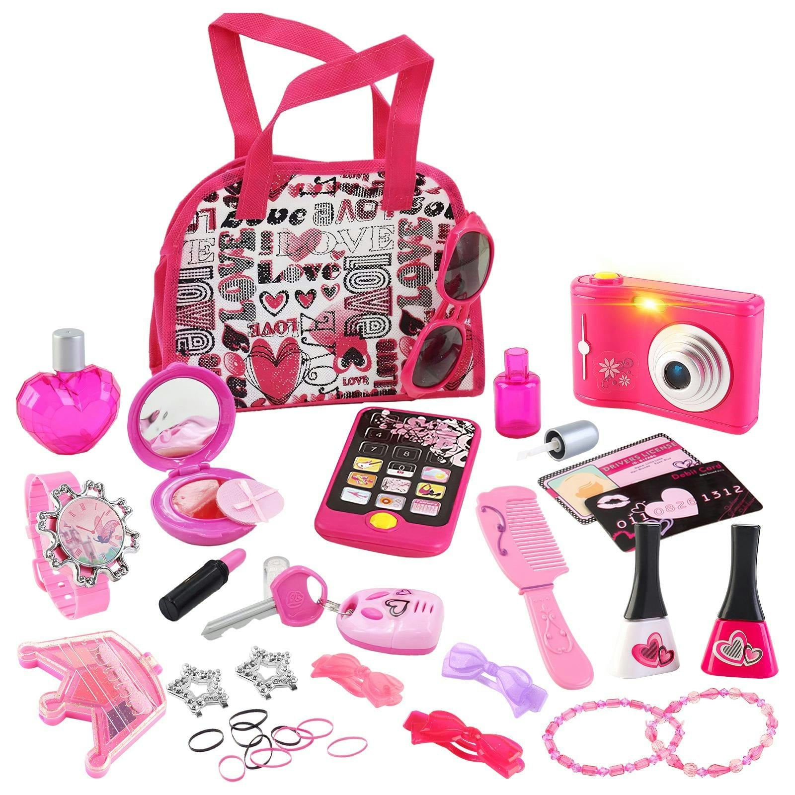 Deao Toys Girls Light Vanity Handbag Beauty Set For Styling Pretend Makeup And Accessories Playset