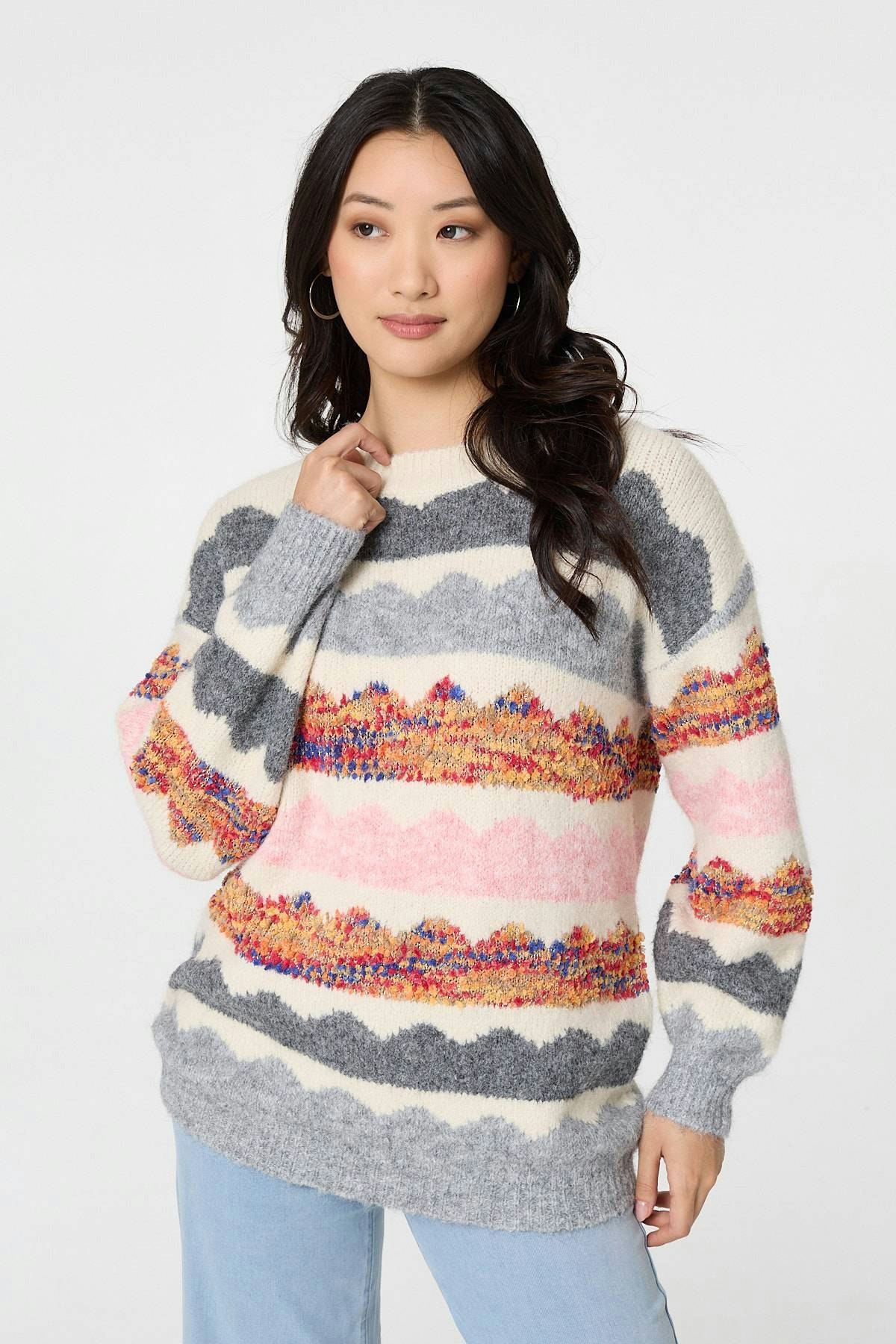 Izabel London White Striped Texture Oversized Jumper - 14