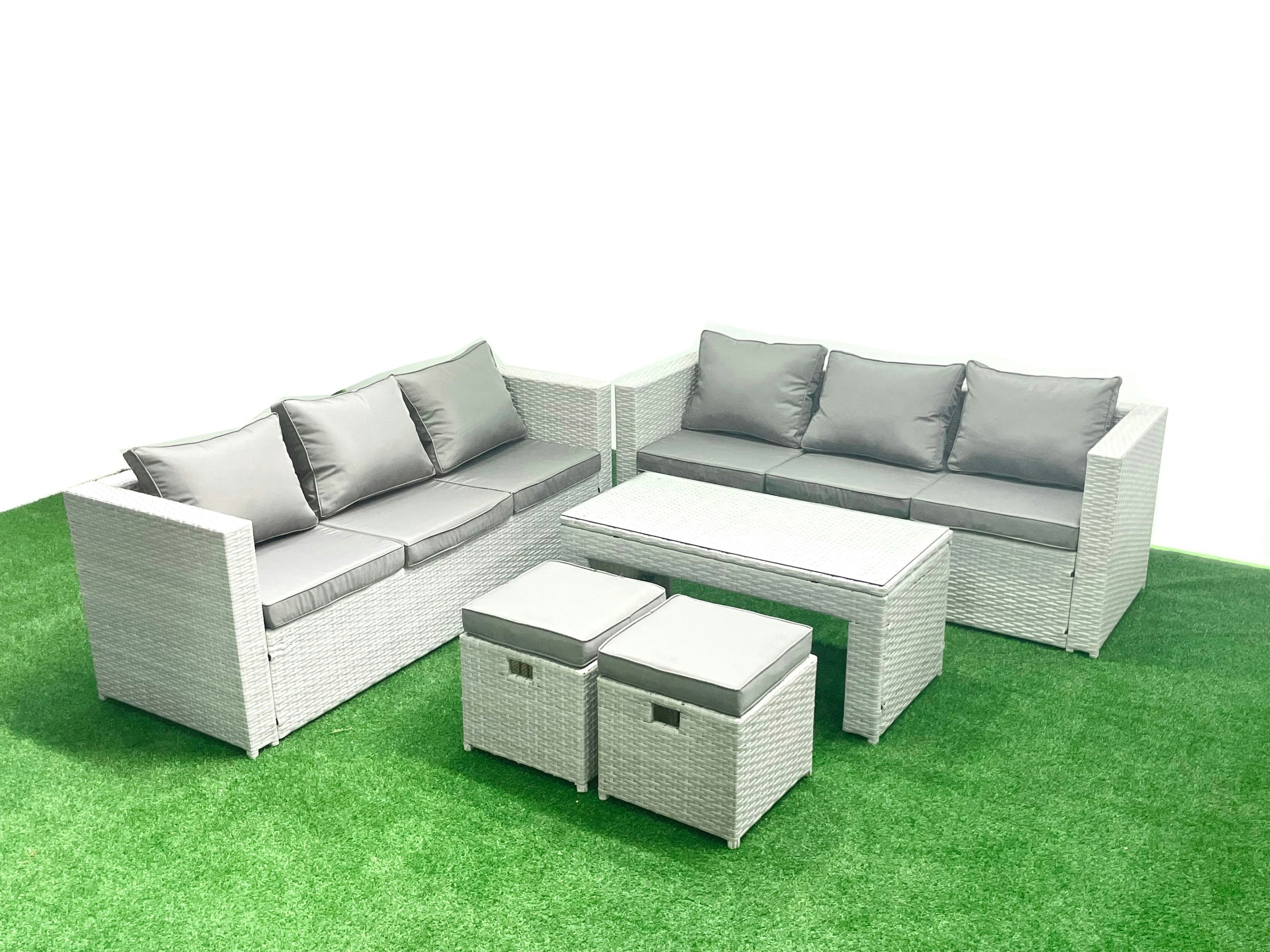 Rackhams Light/Grey 8 Seater Garden Outdoor Rattan Furniture Set Rattan Garden Sofa Oblong Coffee Table With 2 Small Footstool Mixed