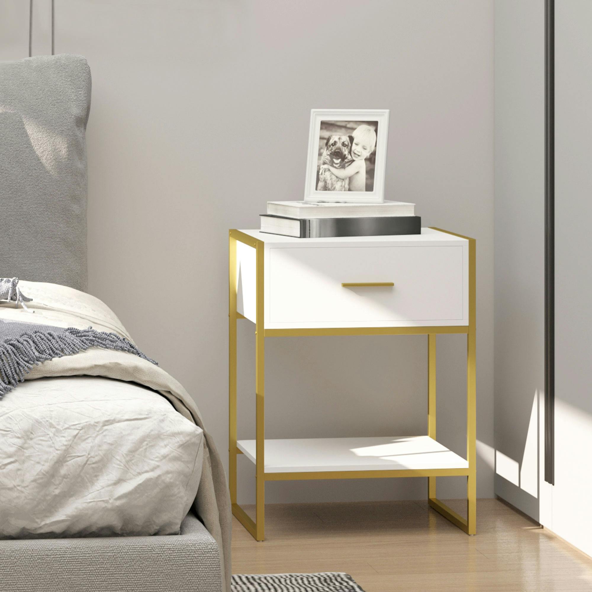 Homcom White/Gold Modern Bedside Table Side Table Nightstand W/ Drawer Shelf
