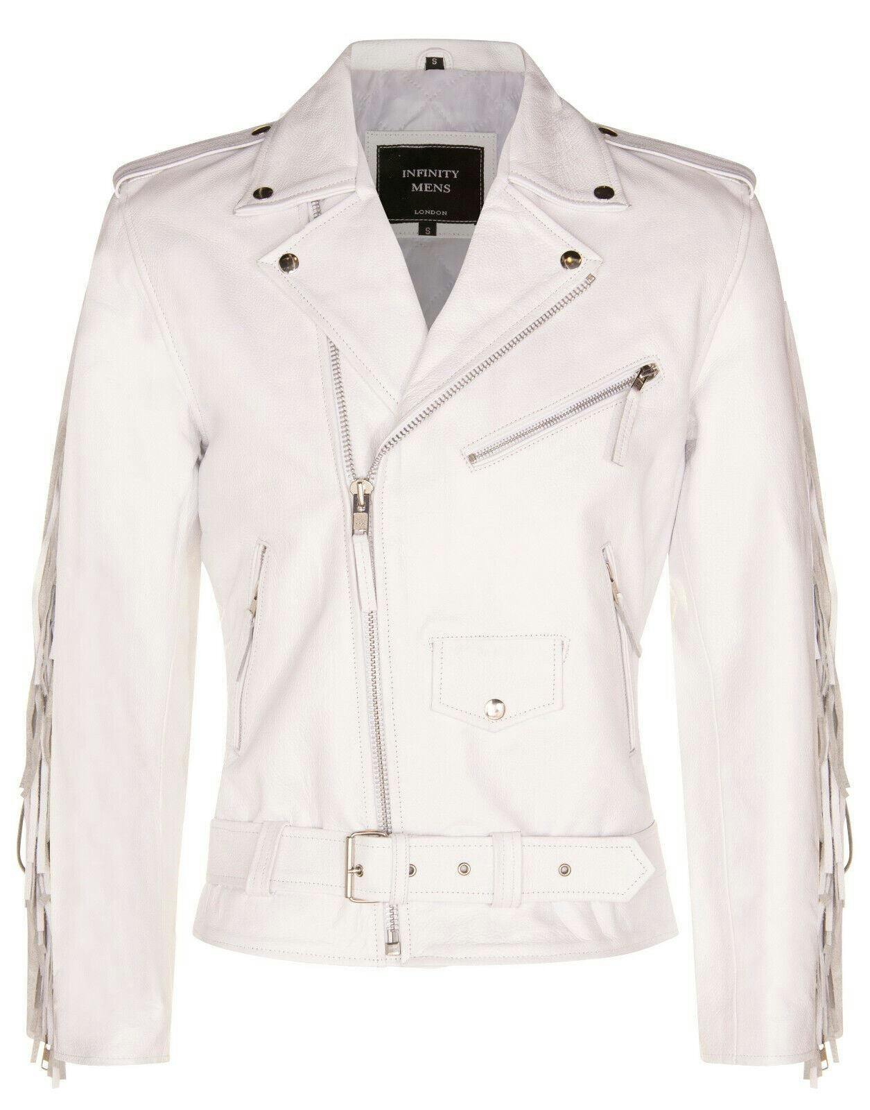 Infinity Leather Men's White Fringe Hide Leather Biker Jacket- Tokyo - Uk 4XL | Eu 58 | Us 48