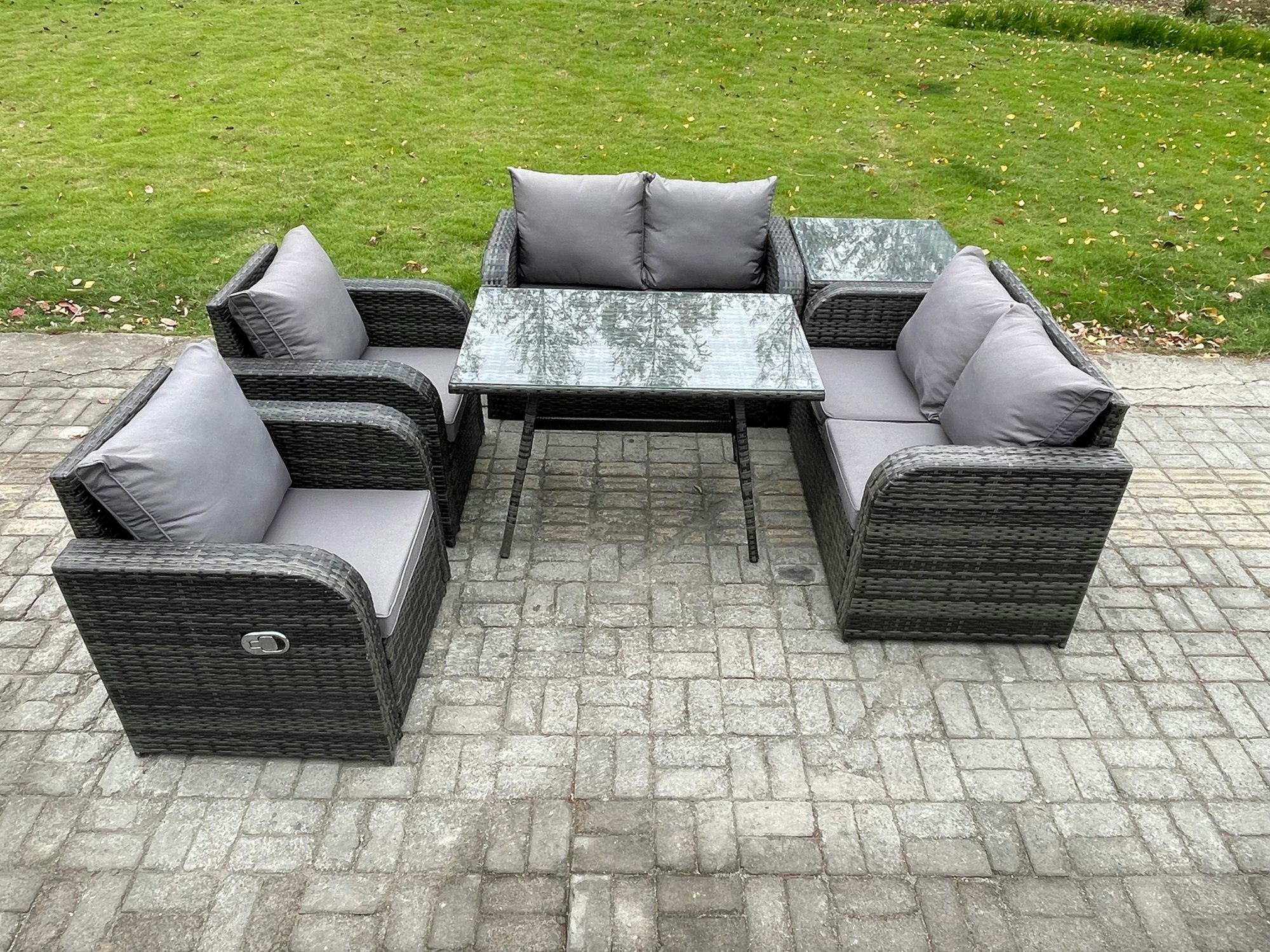 Fimous Dark/Grey Wicker Pe Rattan Garden Dining Set Outdoor Furniture Sofa With Rectangular Dining Table Side Table Mixed