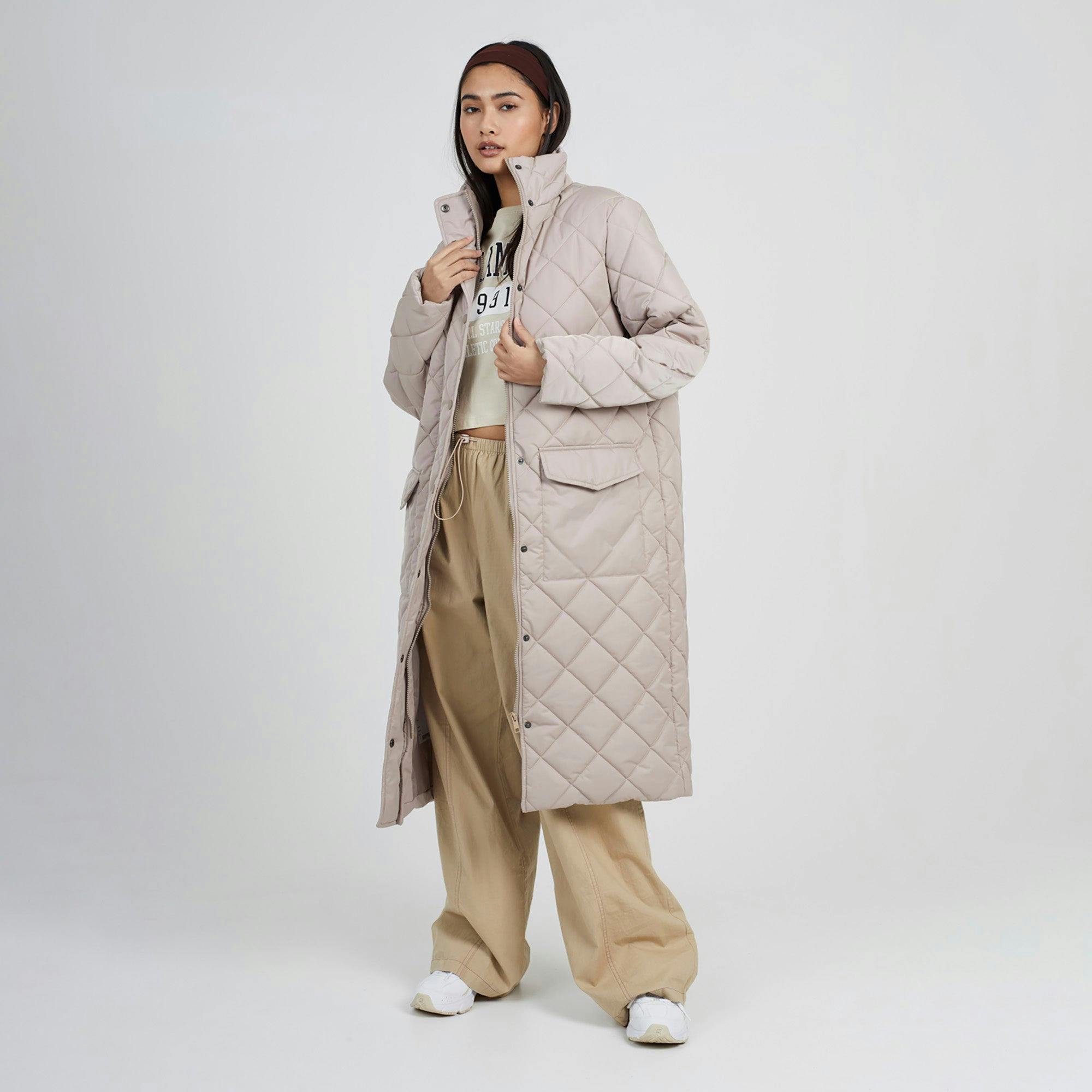 Brave Soul Longline Diamond Quilted Jacket - Stone - Stone - 8