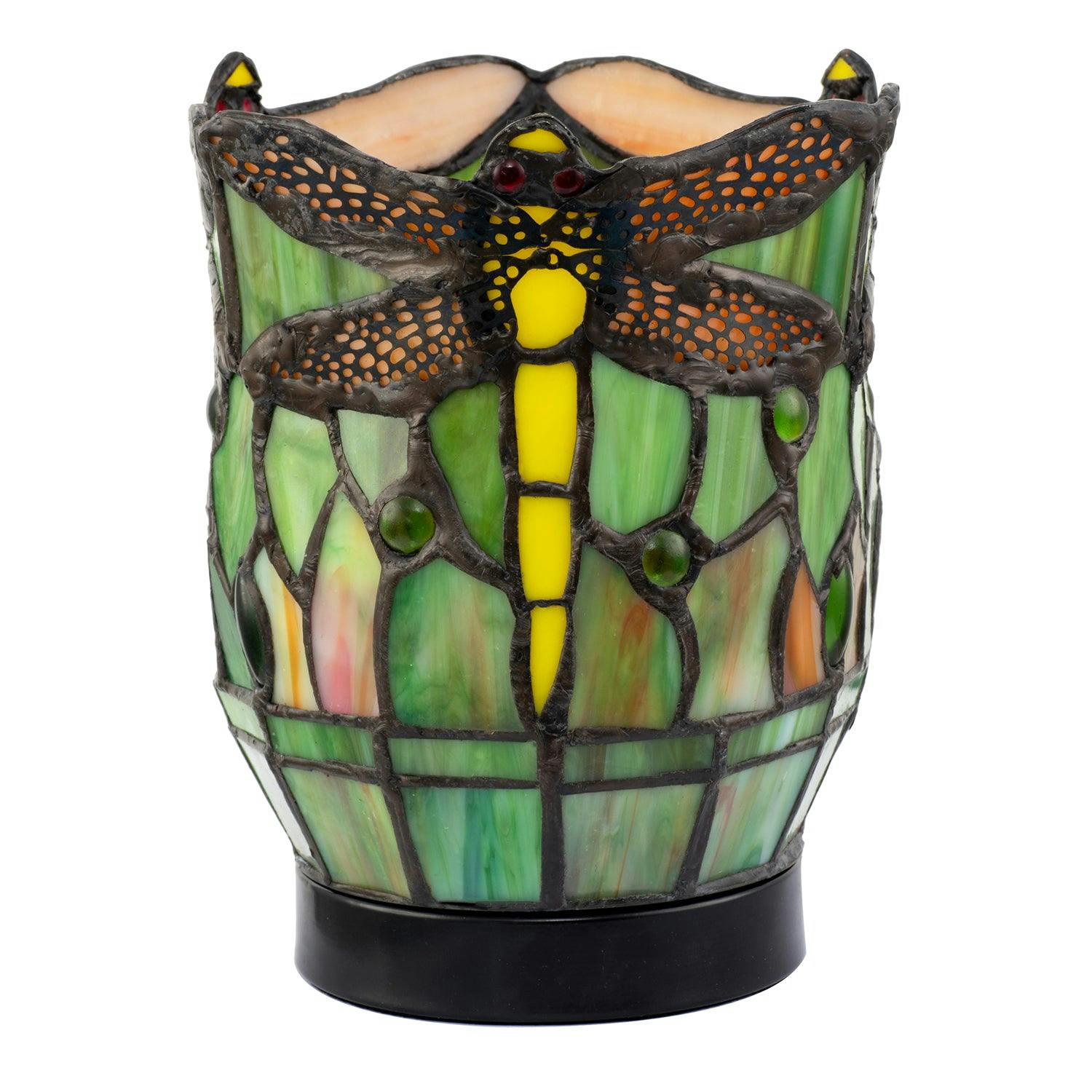 Happy Homewares Green/Amber Classic Dragonfly Tiffany Uplighter Lamp In And Toned
