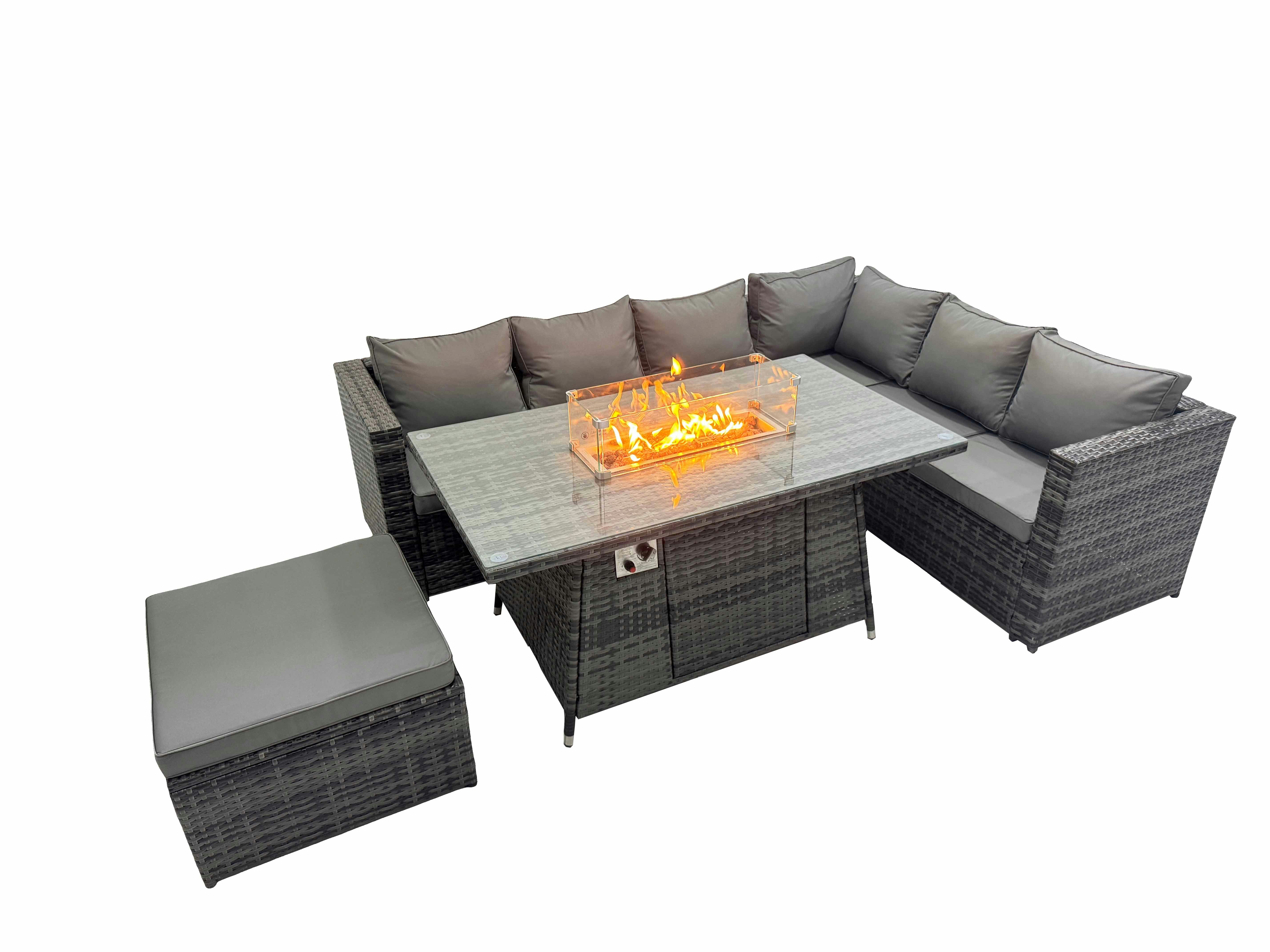 Fimous Dark/Grey Garden Rattan Furniture Set 7 Seater Outdoor Corner Sofa Gas Fire Pit Dining Table Set With Big Stool