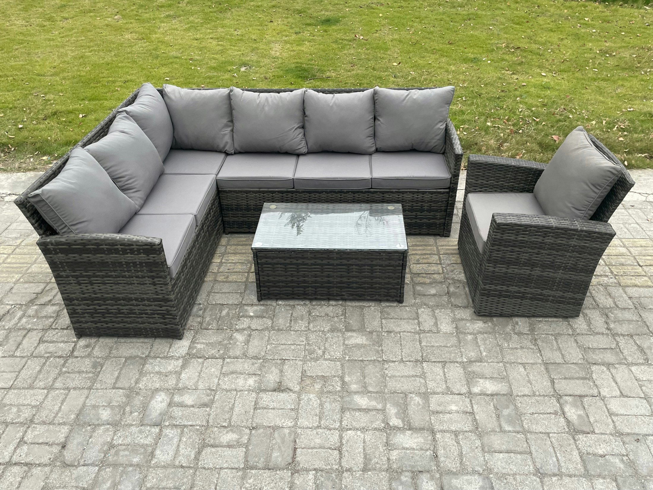 Fimous Dark/Grey Rattan Lounge Corner Sofa Set Wicker Pe Outdoor Garden Furniture Set With Rectangular Coffee Table Armchair Mixed