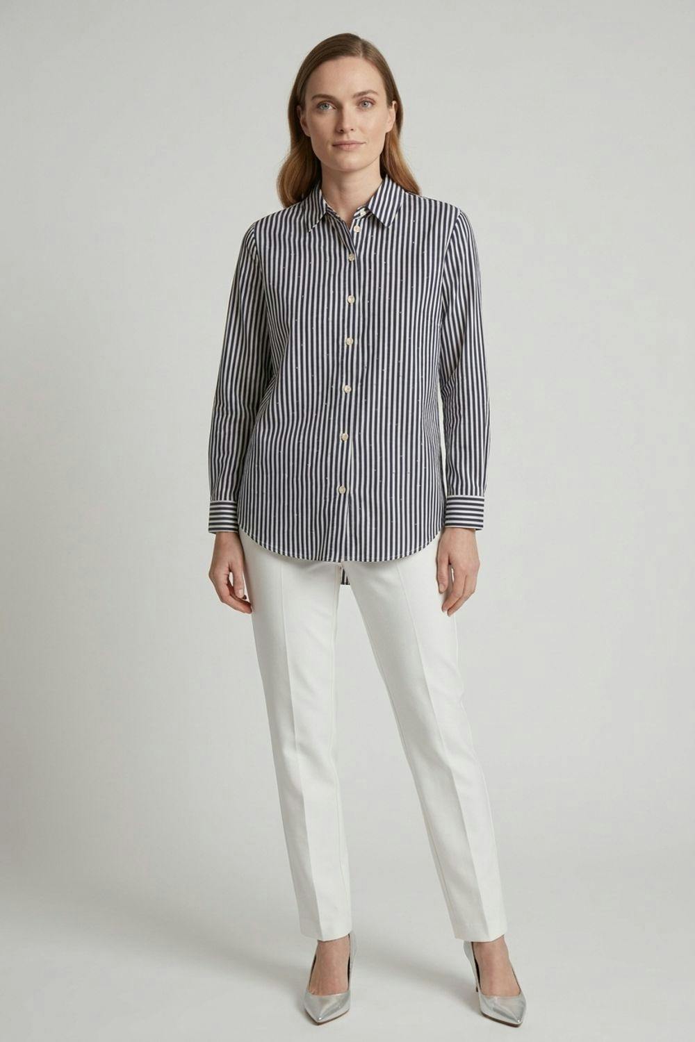 Izabel London Striped Sparkle Detail Long Sleeve Shirt - 16 - Navy