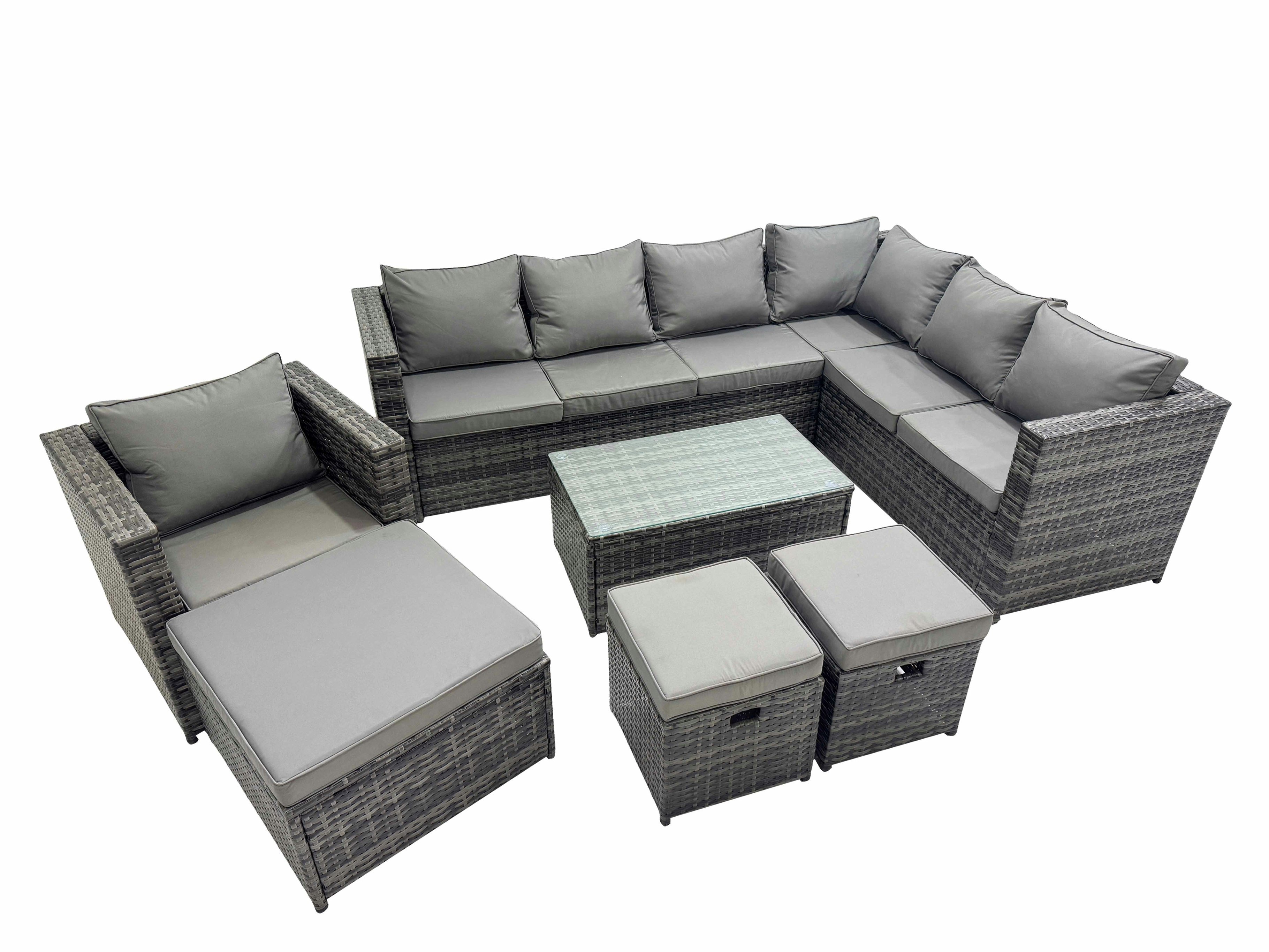 Rackhams Dark/Grey Patio Sofa Oblong Coffee Table Set Rattan Garden Furniture Set With 3 Stools Chair Mixed