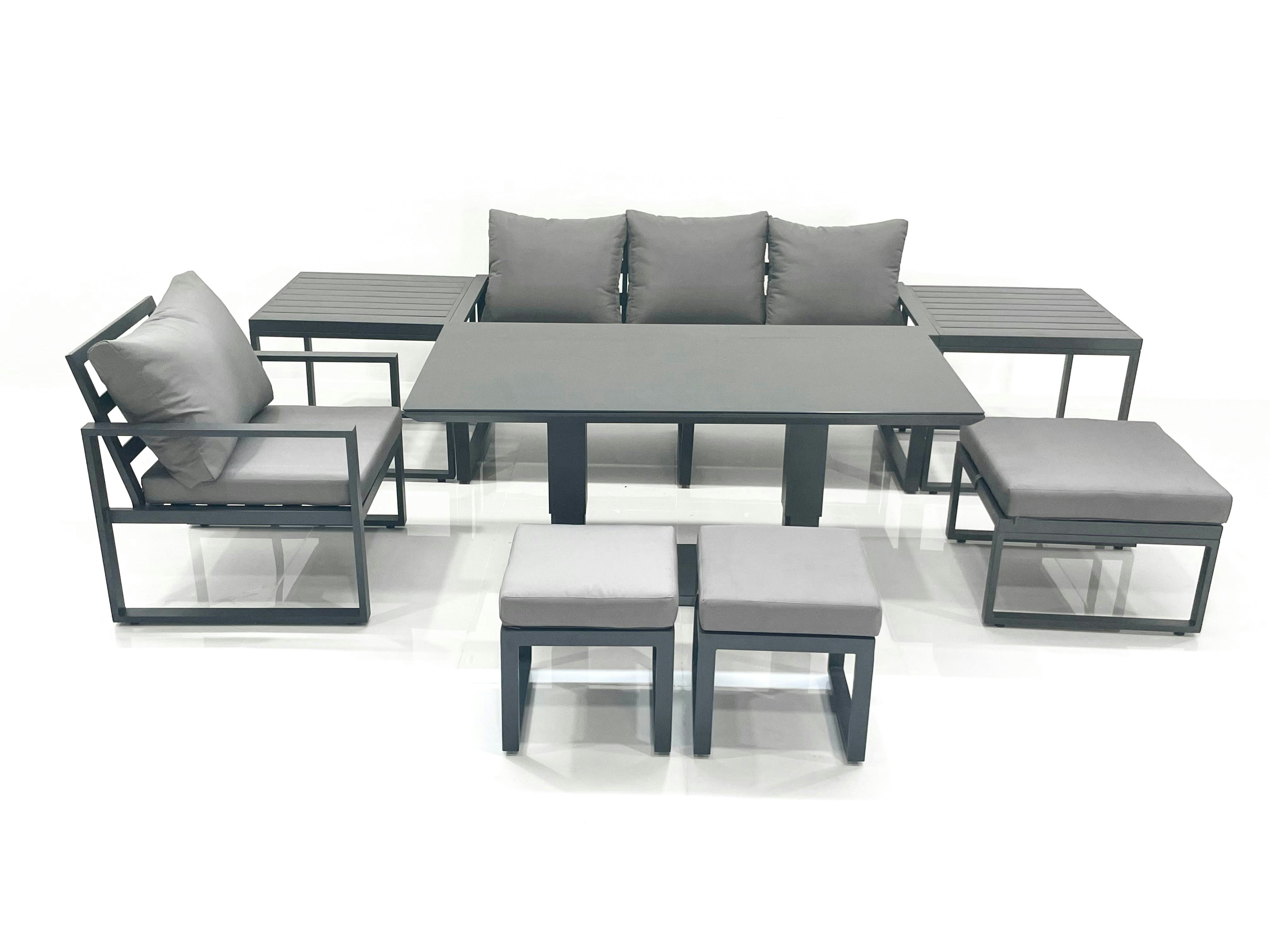 Rackhams Dark/Grey 7 Seater Garden Sofa Set Aluminium Furniture Rising Dining Tabe Set With Chair 3 Footstool 2 Side Tables