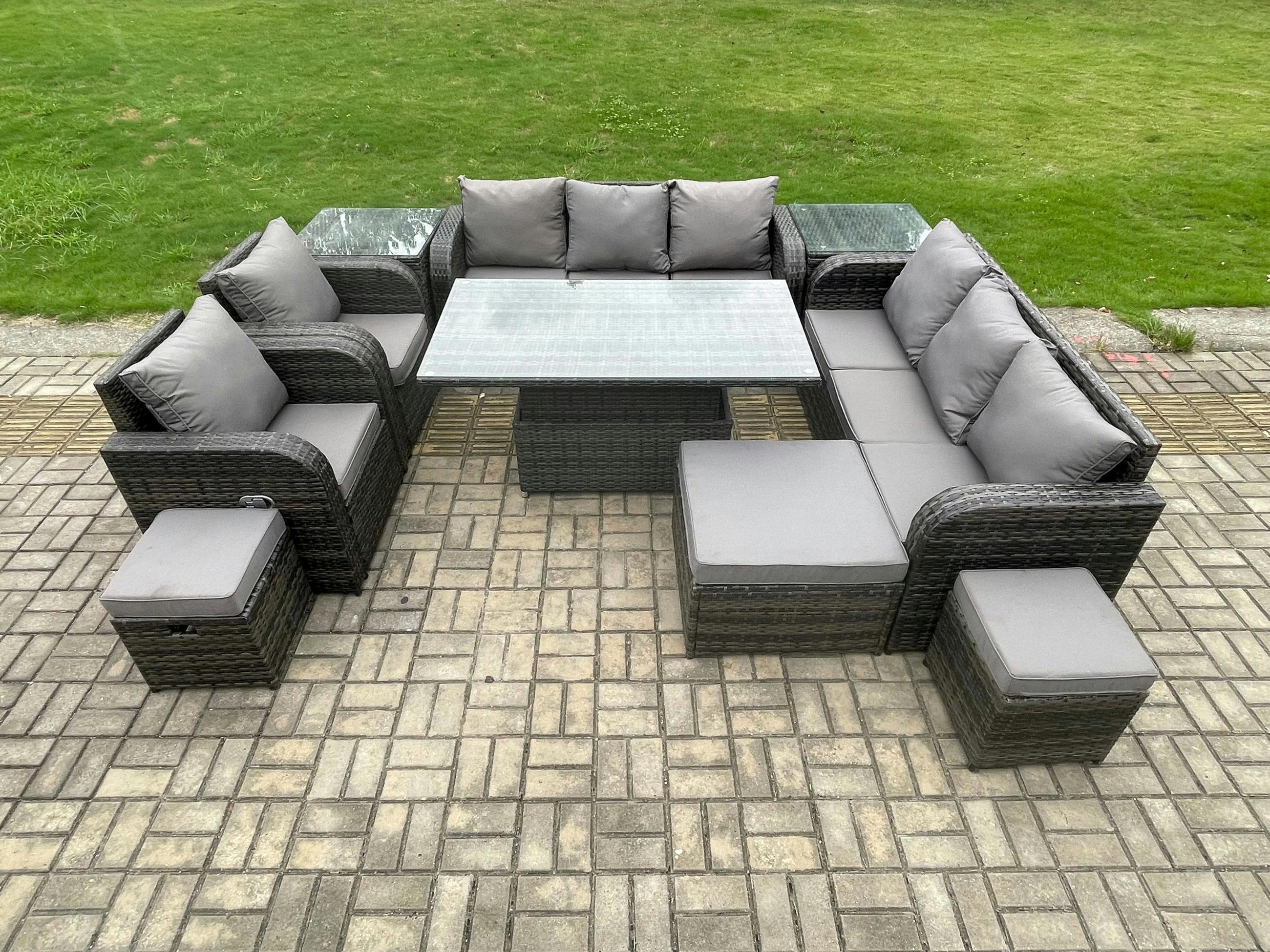 Rackhams Dark/Grey 11 Seater Rattan Garden Furniture Set With Rising Dining Table, 2 Sofas, 2 Reclining Chairs, 2 Side Tables, 3 Footstools - Mixed