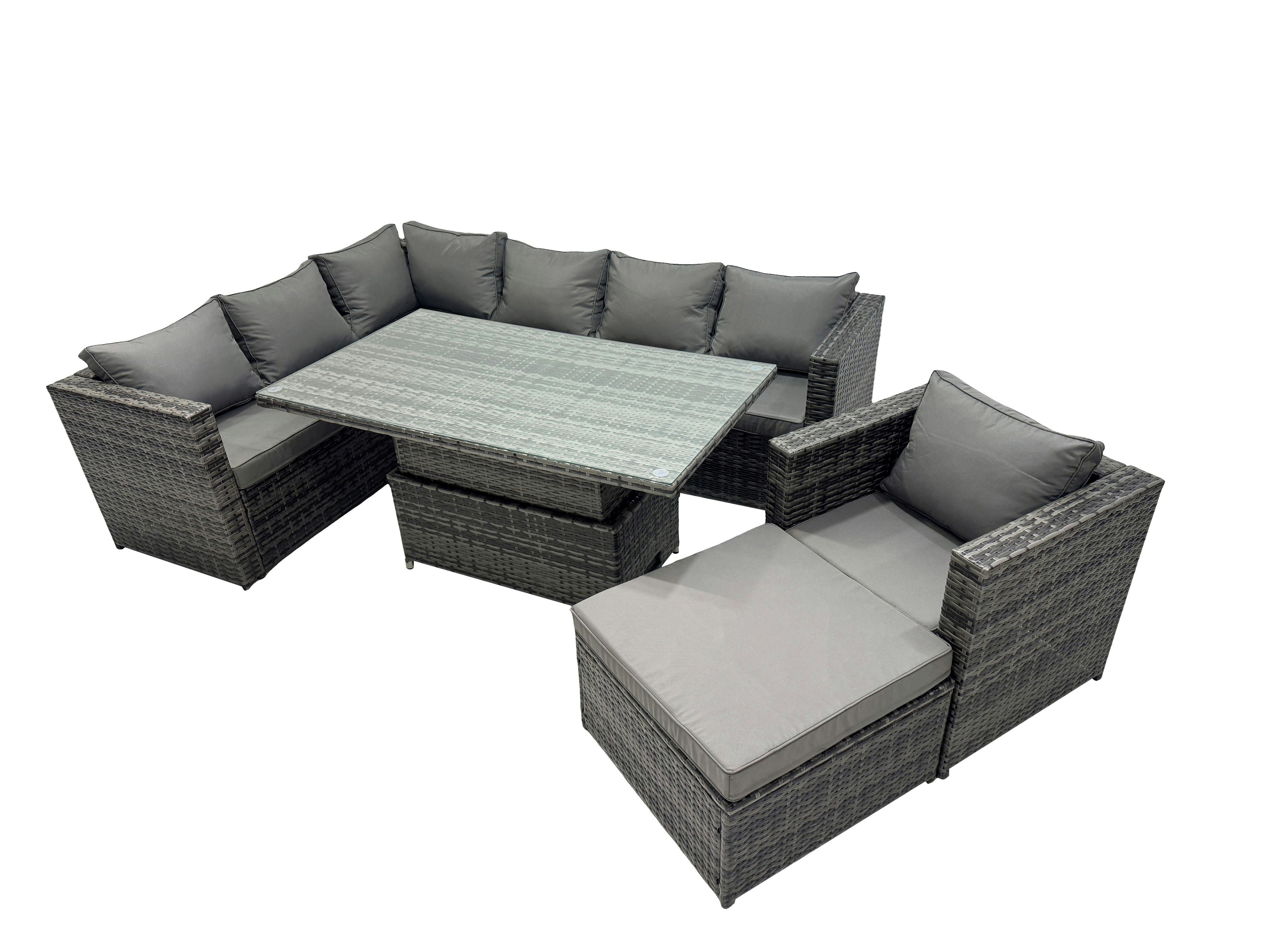 Rackhams Dark/Grey 8 Seater Height Adjustable Rising Lifting Table Corner Sofa Set Rattan Garden Furniture Dining Set With Big Stool Mixed