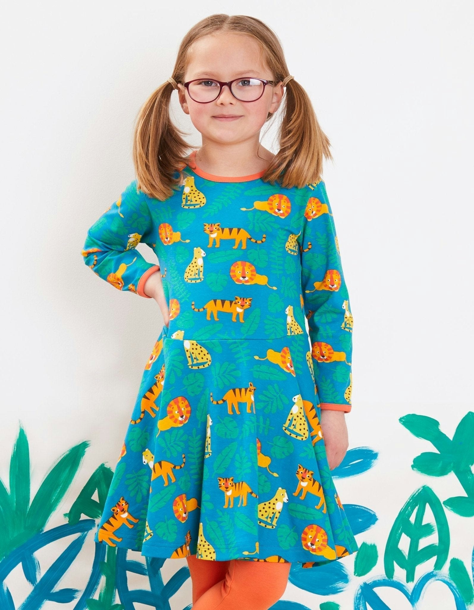 Toby Tiger Green Organic Wild Cats Print Skater Dress - 6-12M 80Cm