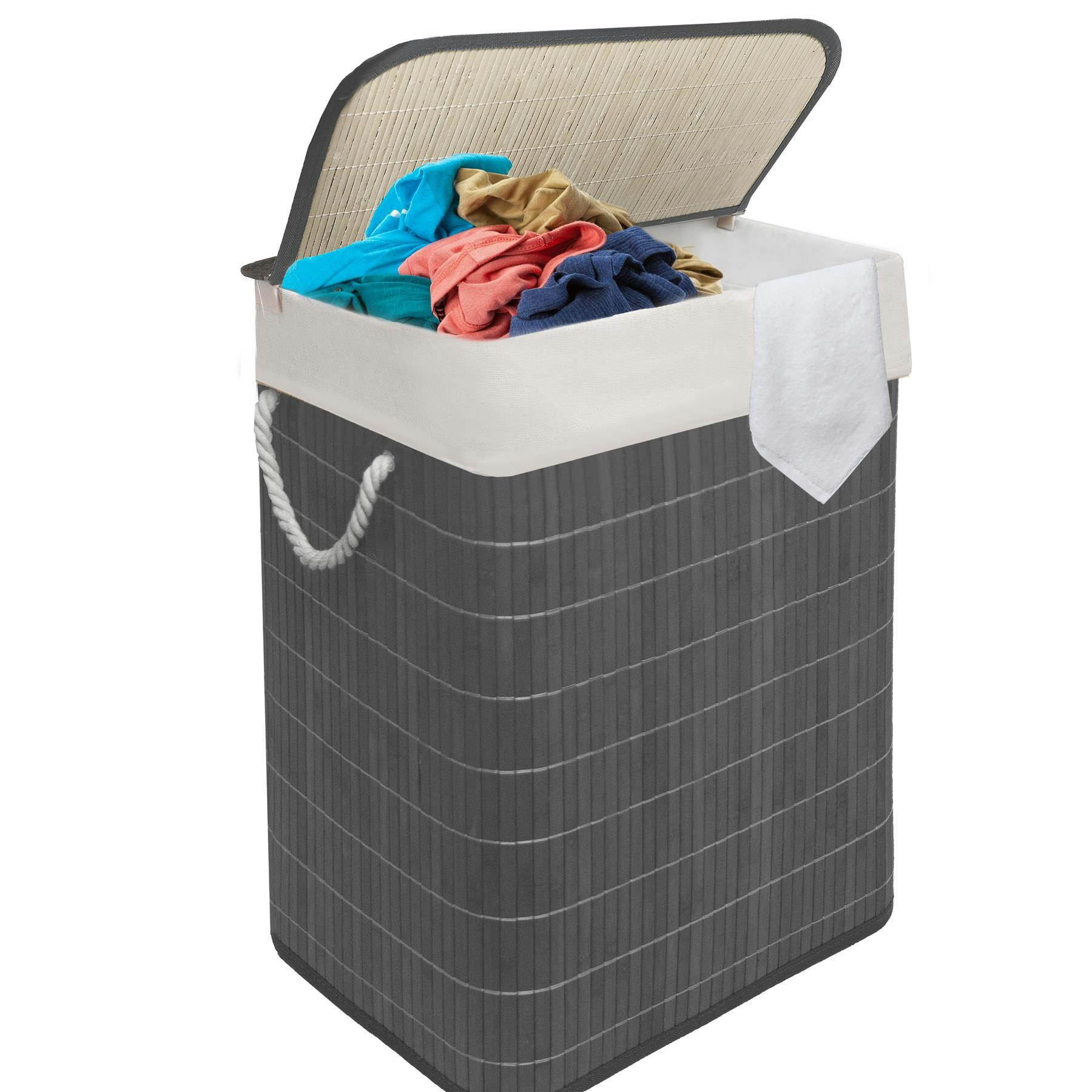 Mantraraj Grey Bamboo Laundry Basket 105L Laundry Hamper With Lid Foldable Laundry Bin With 2 Compartments - 1