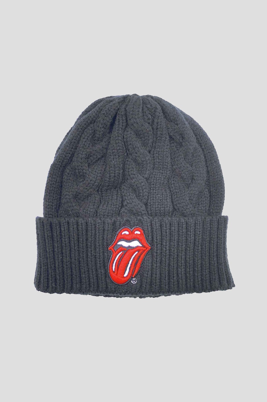 Paradiso Clothing Unisex Black The Rolling Stones Tongue Logo Cable Knit Beanie Hat - One Size