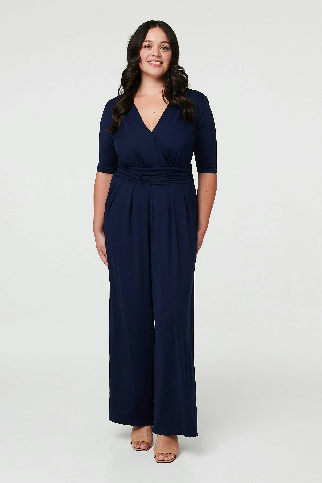 Izabel London Curve 1/2 Sleeve Wrap Wide Leg Jumpsuit - 24 - Navy