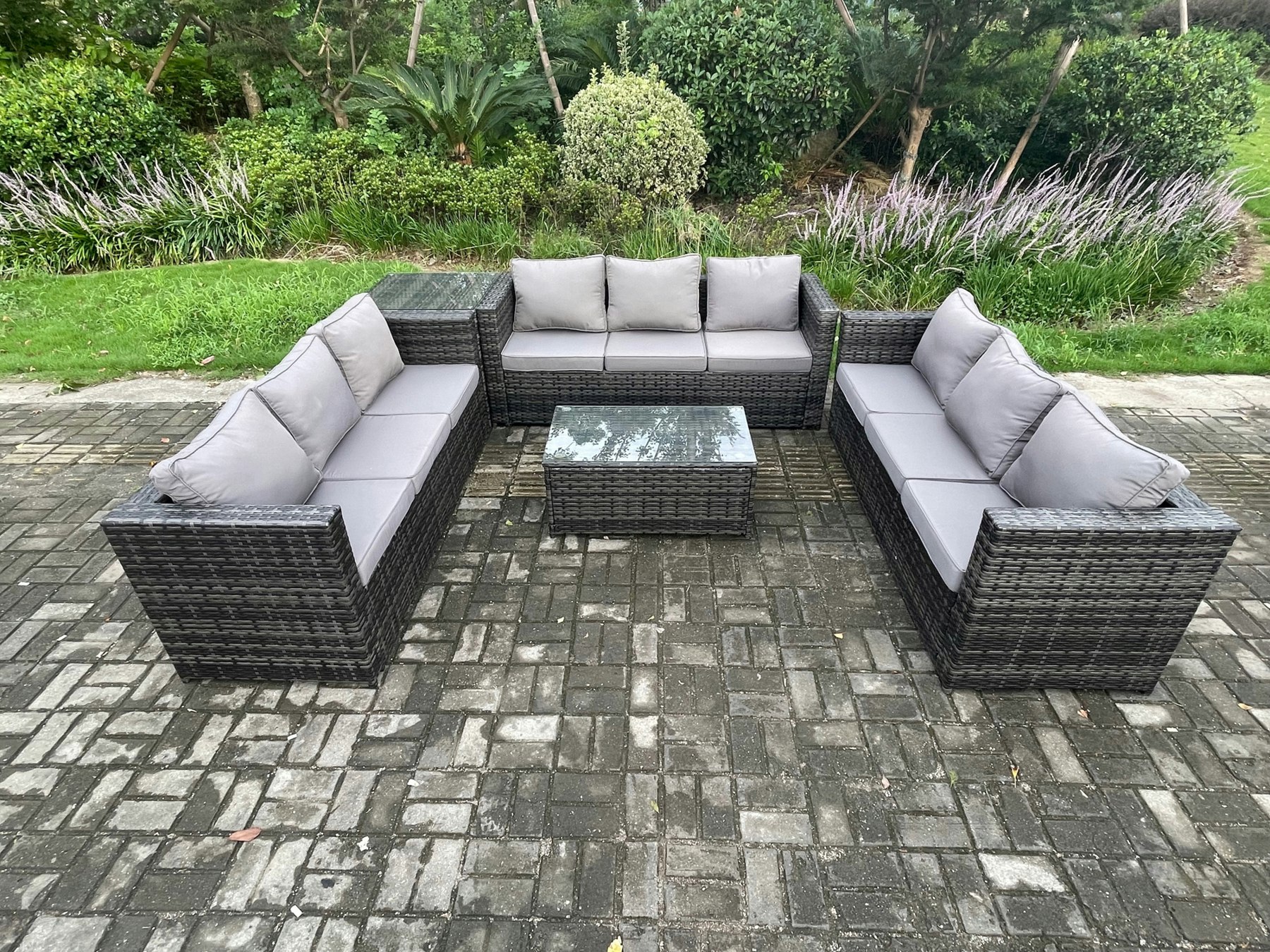 Rackhams Dark/Grey 9 Seater Outdoor Lounge Sofa Set Wicker Pe Rattan Garden Furniture Set With Oblong Coffee Table Side Table Mixed