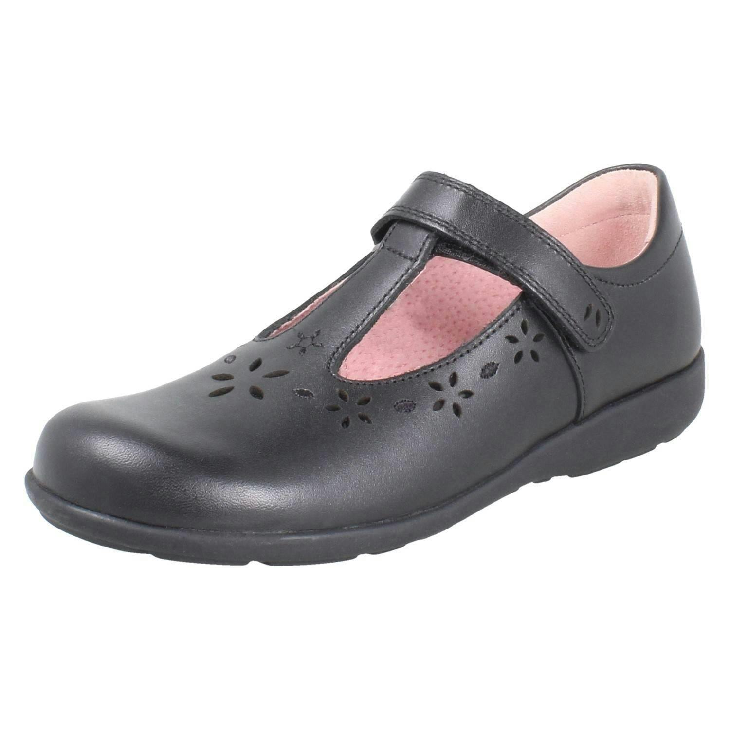 Start-Rite Girls Black Flower Punch Detail T-Bar School Shoes Charlotte - Leather - Uk 10 Child - F