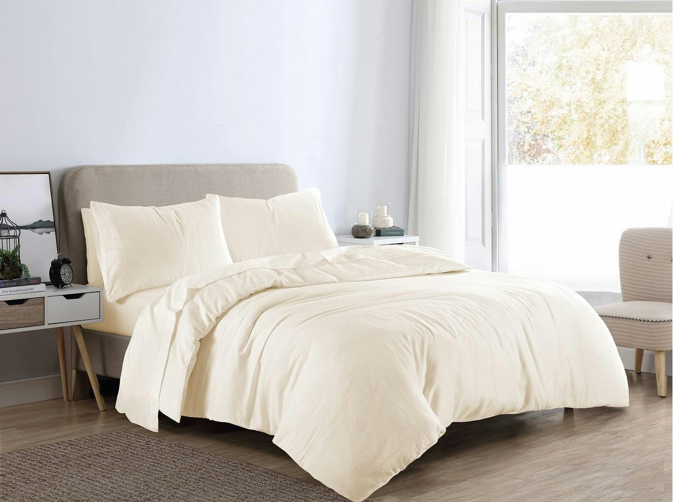 Homespace Direct Cream 100% Brushed Cotton Flannellette Duvet Cover Set - Single - Duvet Cover Set