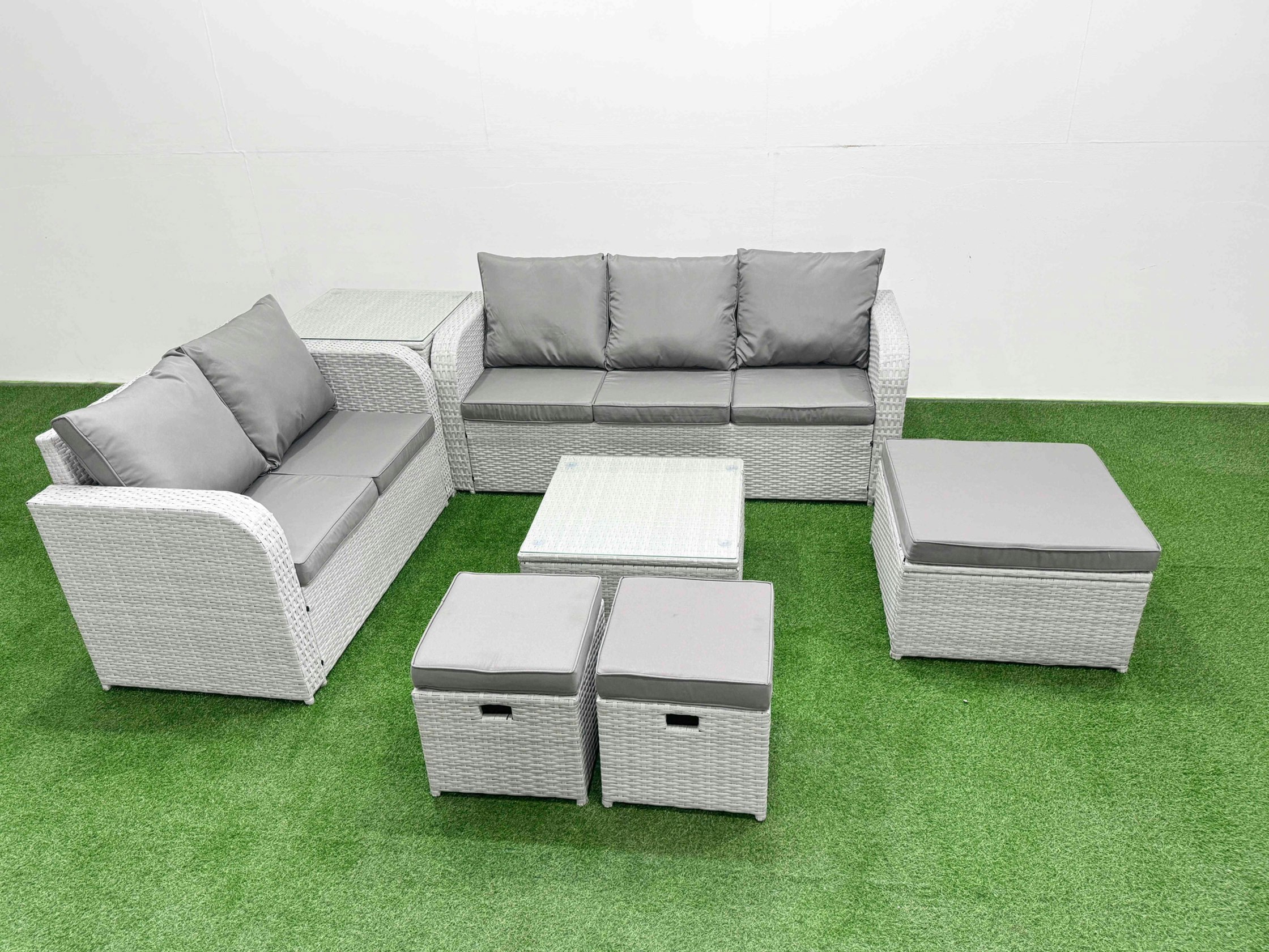 Rackhams Light/Grey/Dark 8 Seater Pe Rattan Wicker Garden Furniture Patio Conservatory Sofa Set With Square Coffee Table 3 Seater Sofa Love Sofa 3 Stool Side Table