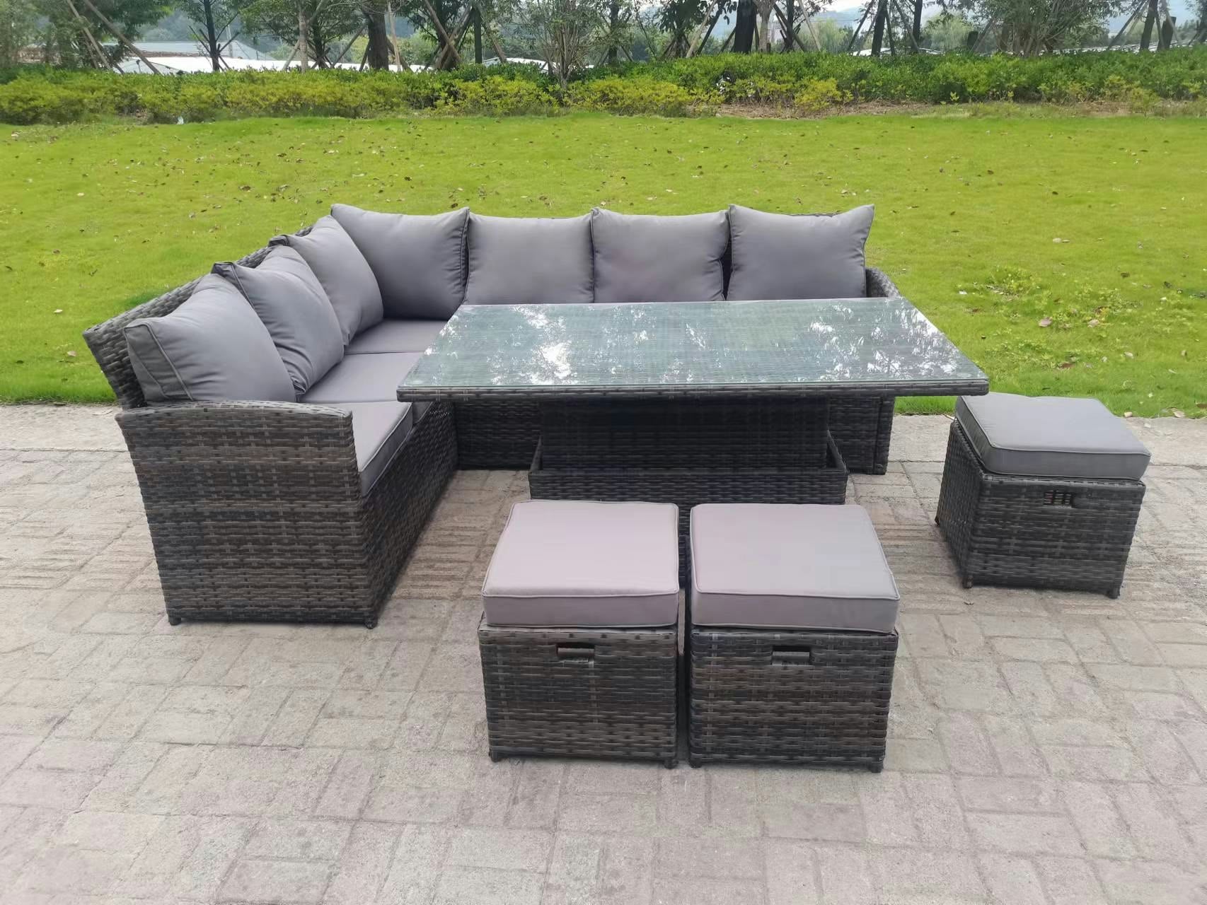 Fimous Rattan 9 Seater Corner Sofa Set Rising Table Stools - Dark Grey Mixed - Image 2
