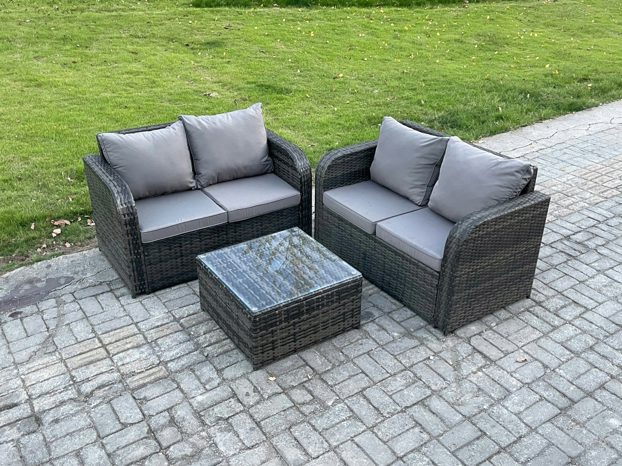 Rackhams Dark/Grey Rattan Sofa Set Outdoor Garden Furniture Set With Square Coffee Table Loveseat Sofa Mixed