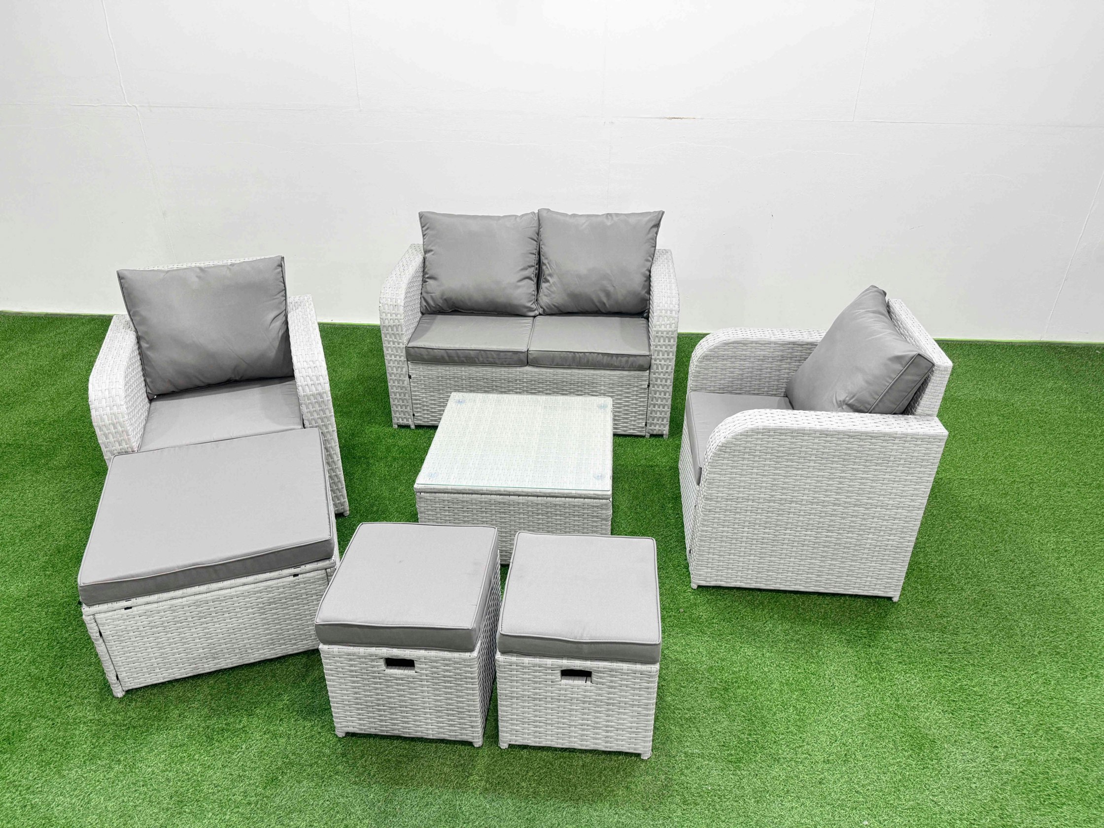 Fimous Light/Grey Pe Wicker Rattan Garden Furniture Set Sofa Set Reclining Adjustable Chair Square Coffee Table 7 Seater 3 Stools