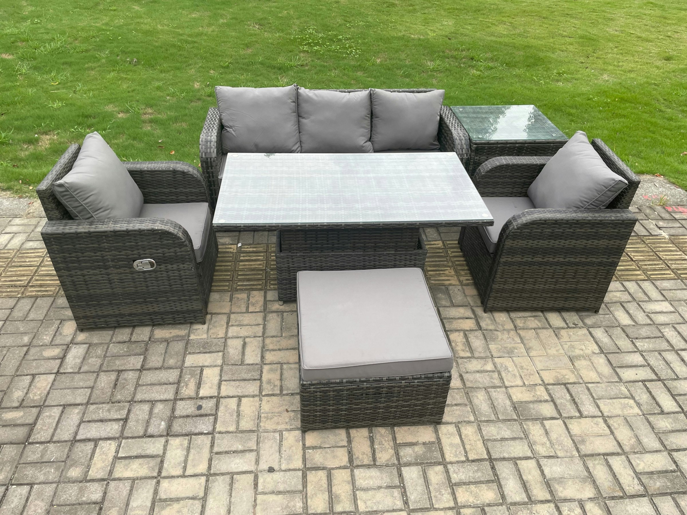 Fimous Wicker Pe Rattan Outdoor Garden Furniture Set Height Adjustable Rising Lifting Dining Table With Armchair Side Table Footstool