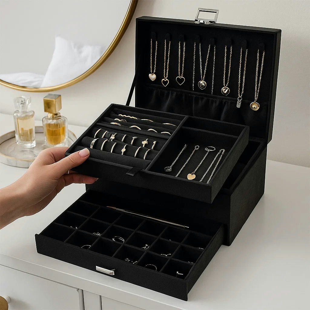 Modcraft Black 3-Layer Jewellery Box With Lock, Drawer Organizer For Rings, Earrings & Necklaces