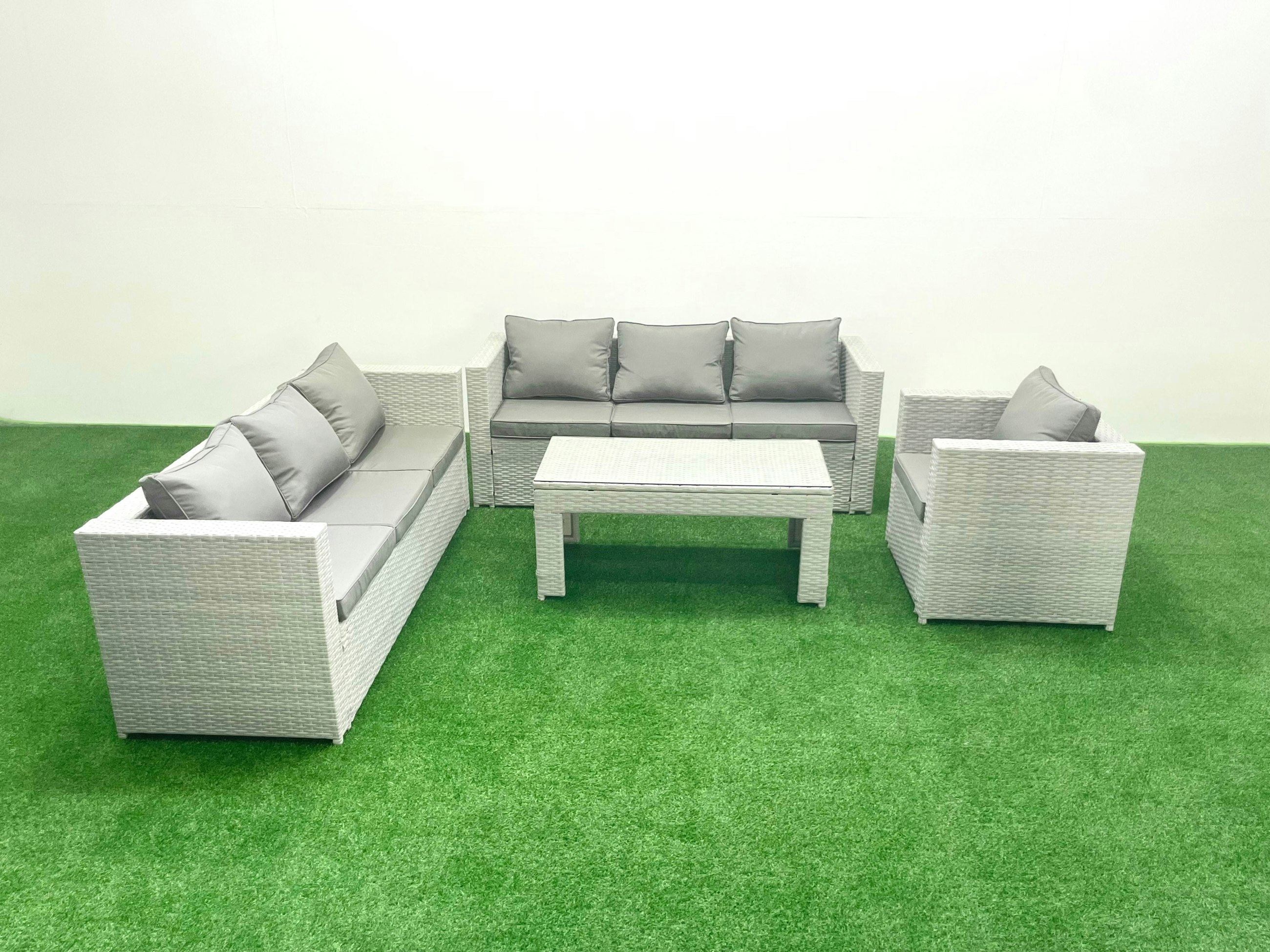 Rackhams Light/Grey Wicker Pe Rattan Sofa Garden Furniture Set With Oblong Coffee Table Armchair Mixed