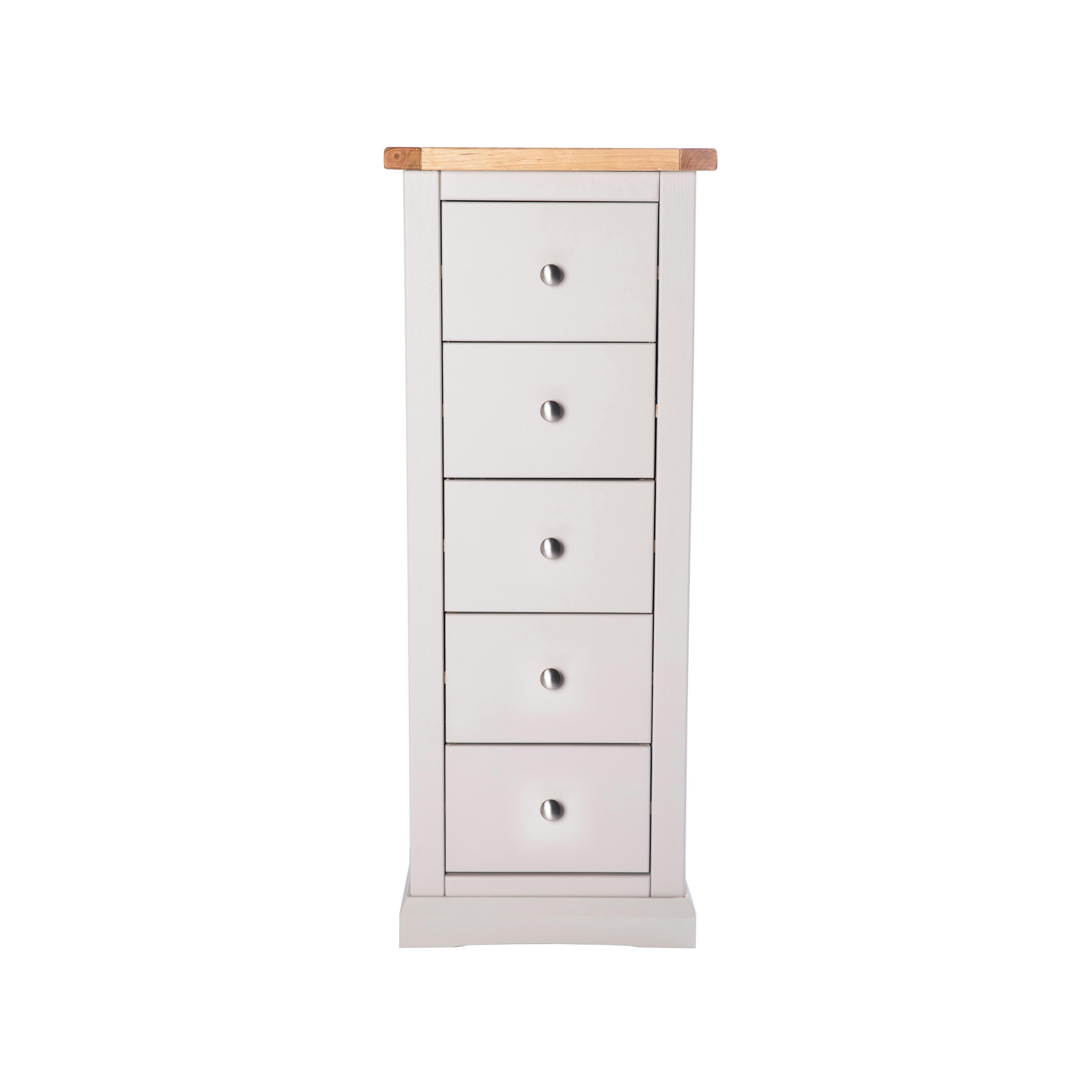 Rackhams Light/Grey Loreo 5 Drawer Narrow Chest Of Drawers Chrome Knob