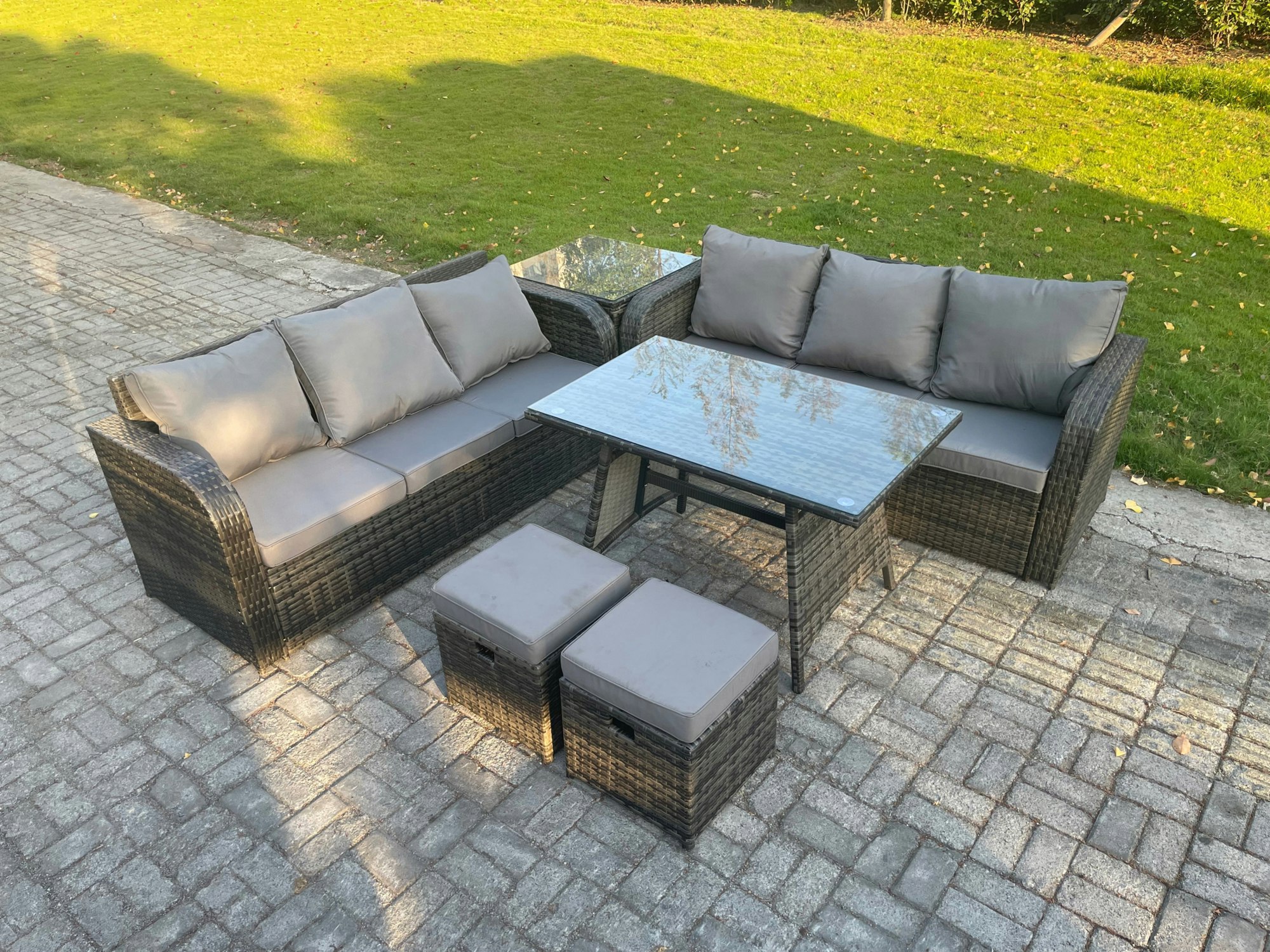Rackhams Dark/Grey Garden Furniture Sofa Set Rectangular Dining Table 2 Small Footstool Side Table Indoor Outdoor 8 Seater Rattan Set Mixed