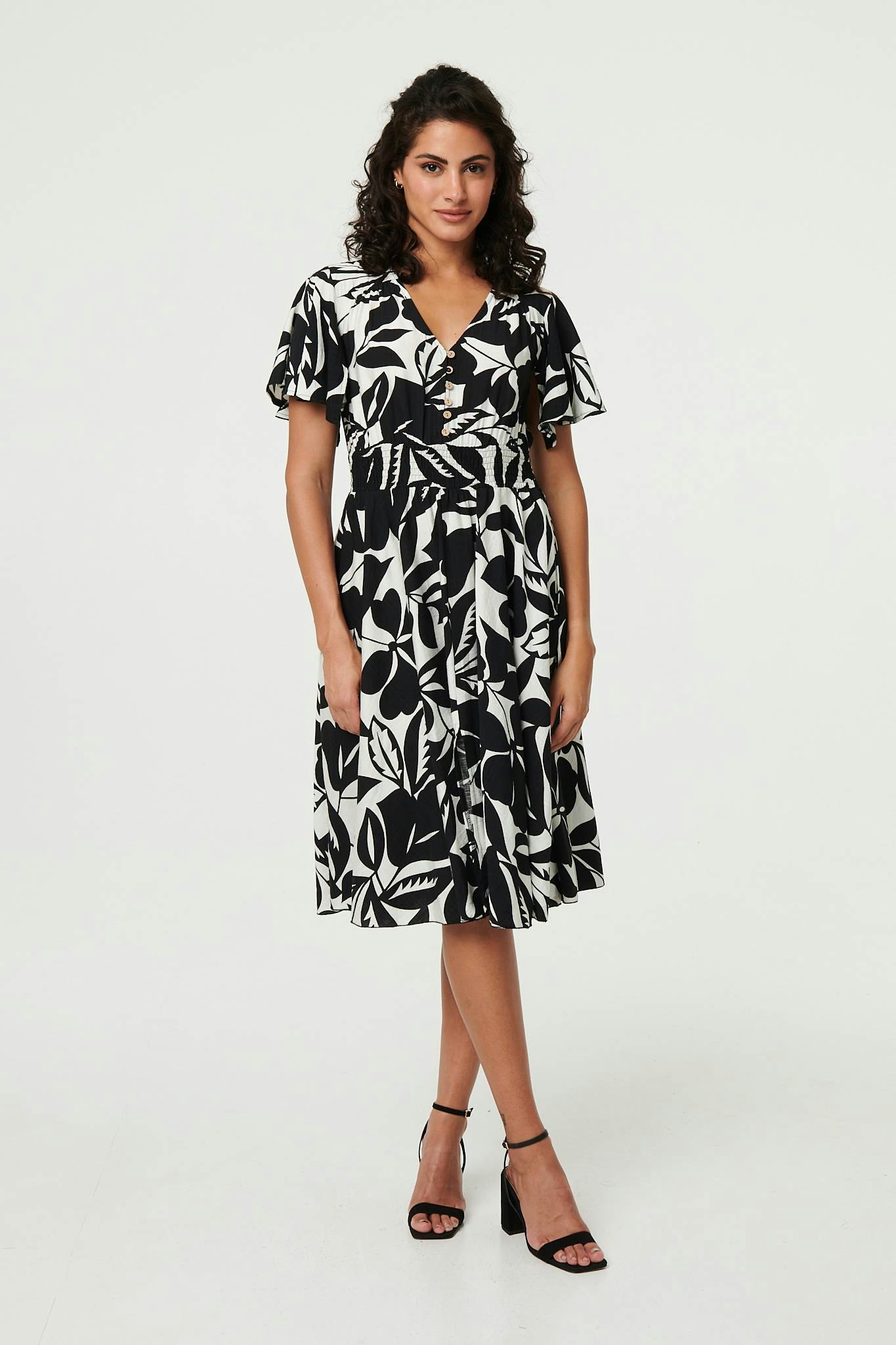 Izabel London Black Leaf Print Tie Waist Knee Length Dress - 8