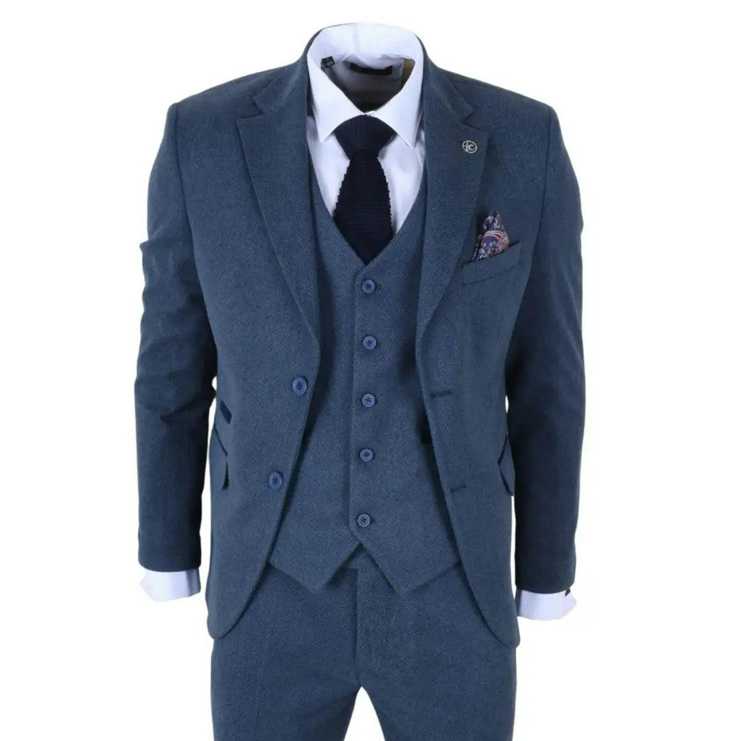 Truclothing Men's Blue Im40 - 3 Piece Tweed Herringbone Suits - 38" Jacket 32" Trousers