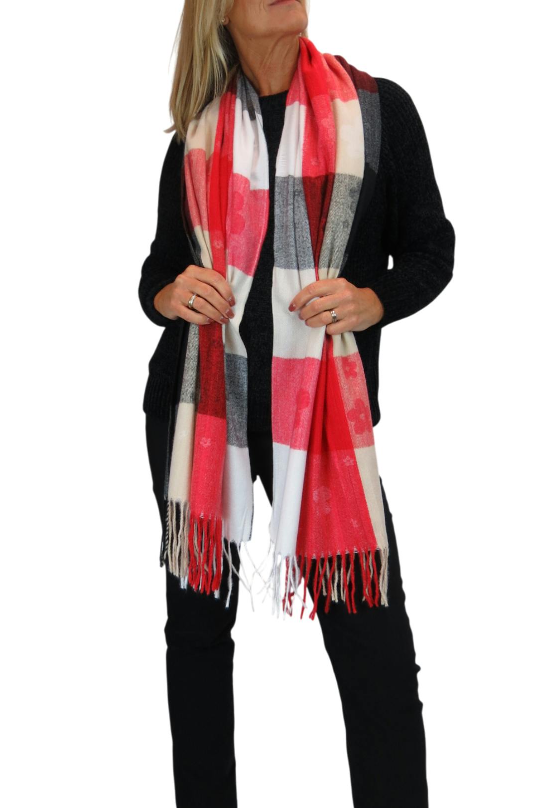 Paulo Due Women's Red Wool Blend Pashmina Scarf With Floral Details