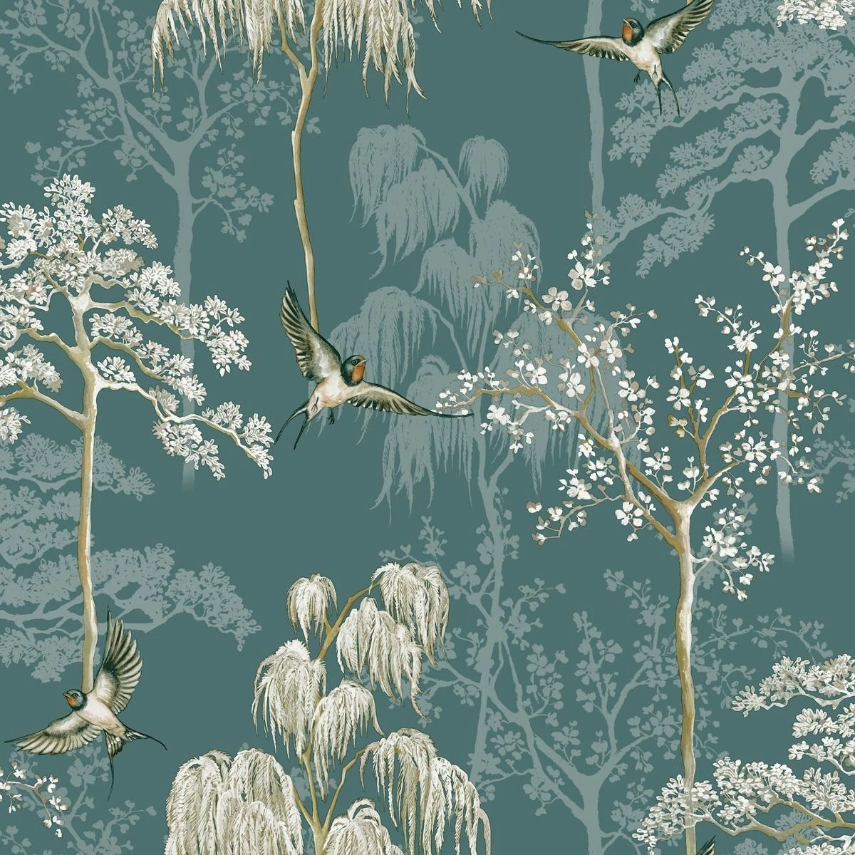 Rackhams Wisteria Japanese Garden Wallpaper - Teal - Teal - 10M X 53Cm