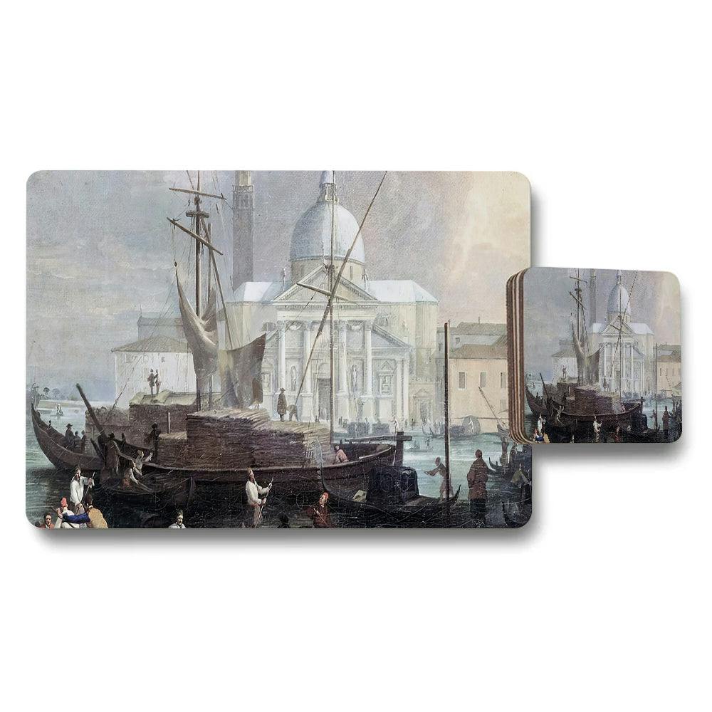 Benjamin Tate Design Vintage Harbor Scene Placemat And Coaster Set Seaport Artwork