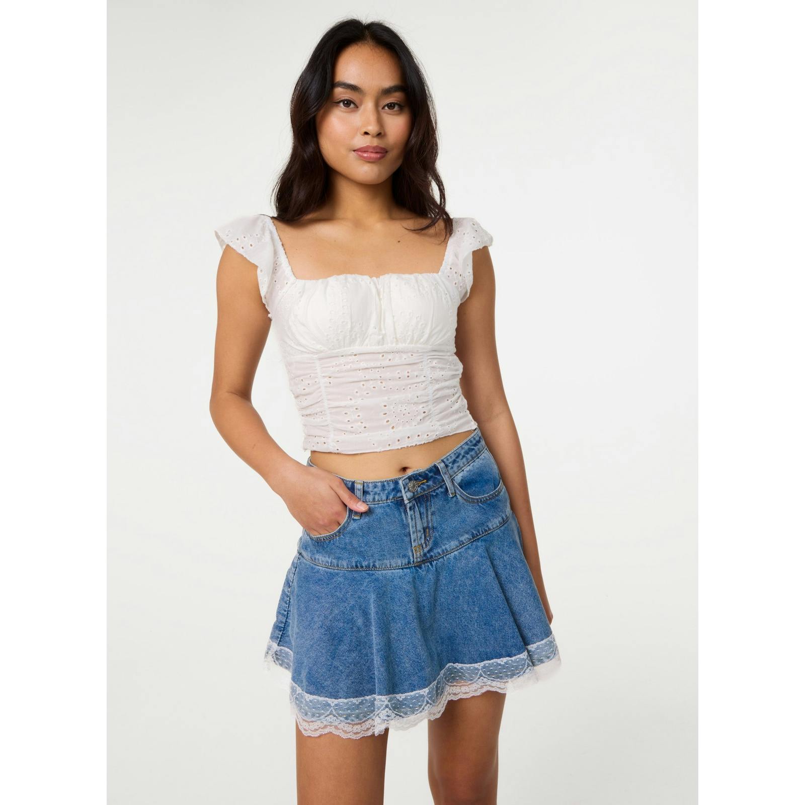 Pink Vanilla Pink/White Vanilla Broderie Frill Sleeve Top - L