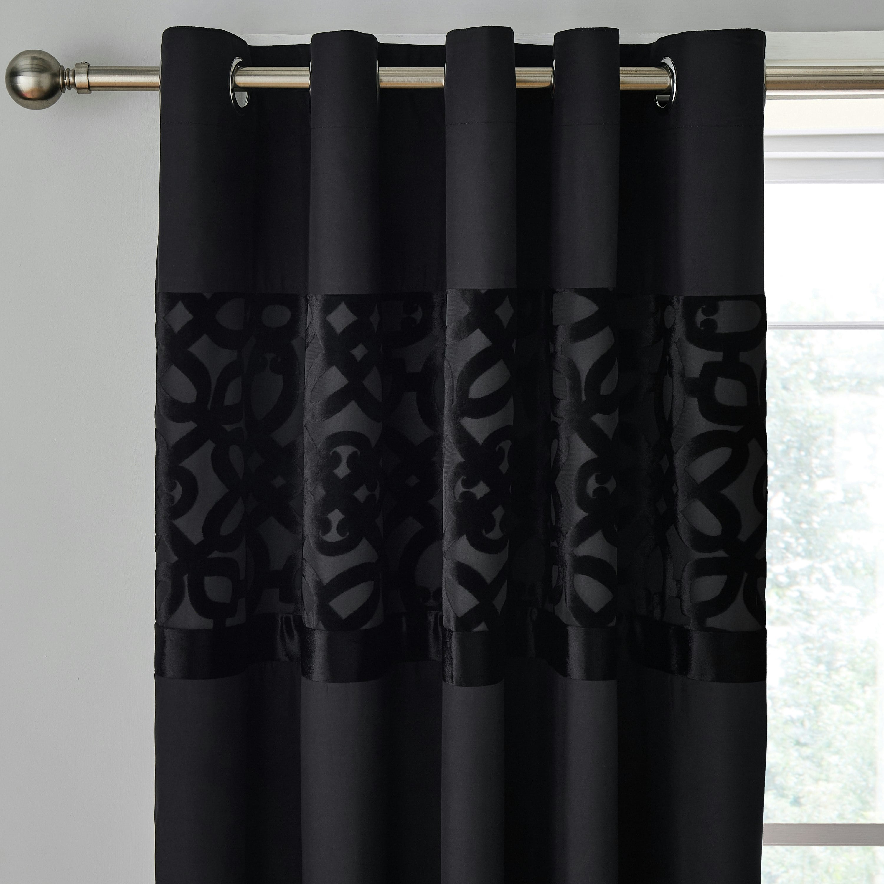 Catherine Lansfield Unisex Black 'Lattice Cut Velvet' Lined Eyelet Curtains In | : 168 Cm Width X 183 Cm Drop - Image 3