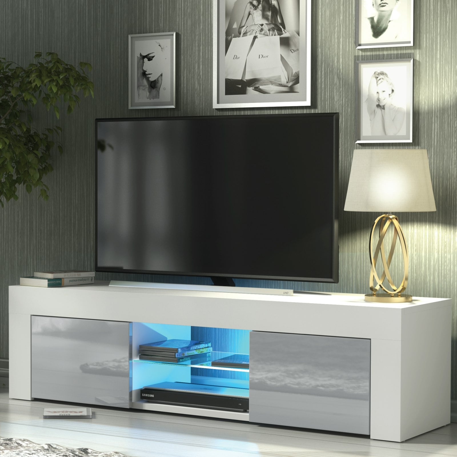 Rackhams Grey Striking 130Cm Tv Unit Cabinet With High Gloss Doors Led Lights - 130 Cm - 1 - Mdf/Chipboard