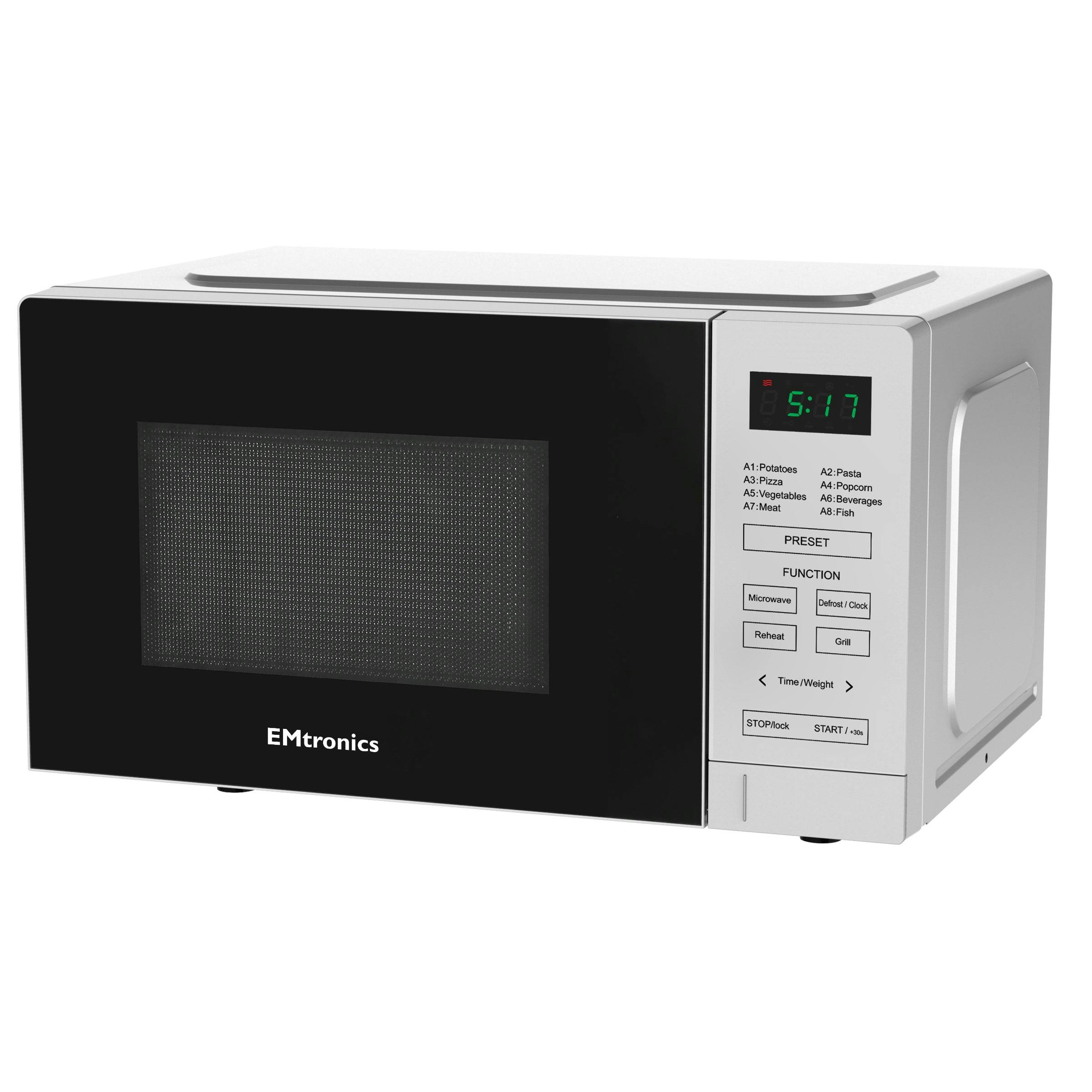 Emtronics Silver 20 Litre 700W Microwave With 800W Grill, Timer And Preset Menu