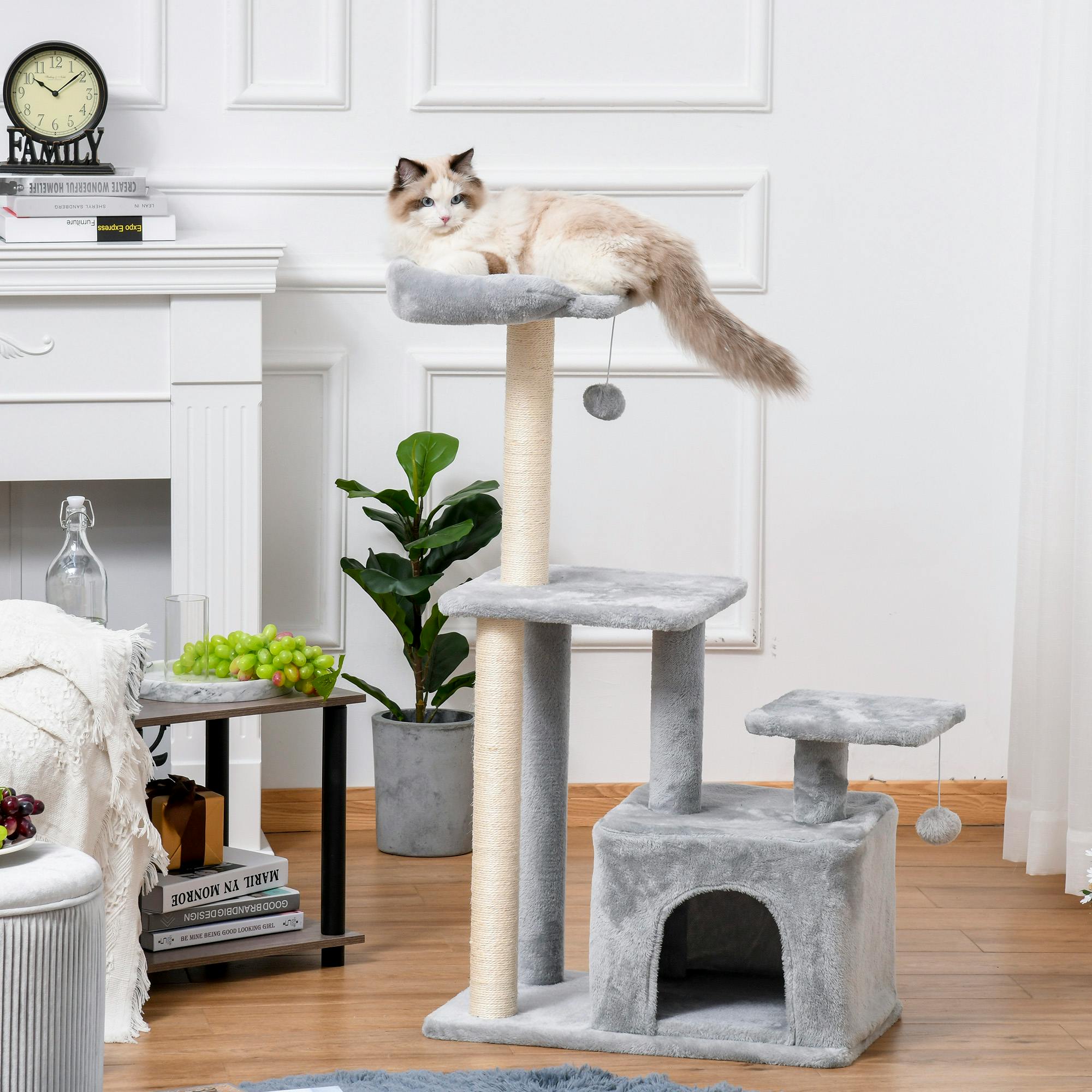 Pawhut Unisex Grey Cat Tree Tower With Scratching Posts Sisal Hanging Ball Condo In - Image 3