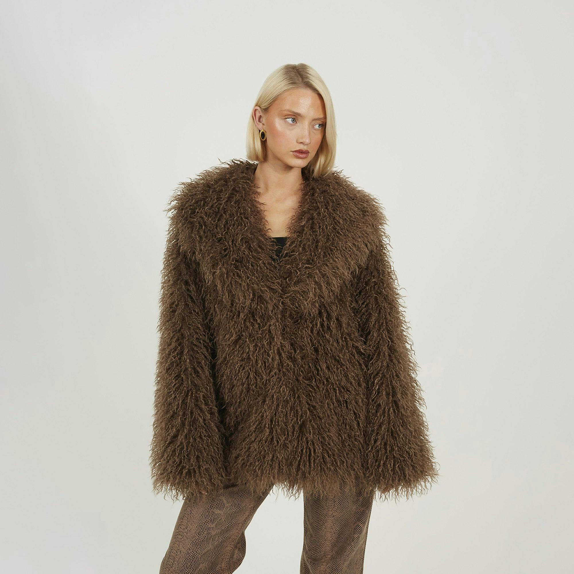 Brave Soul Brown Shawl Collar Faux Mongolian Fur Jacket - 12