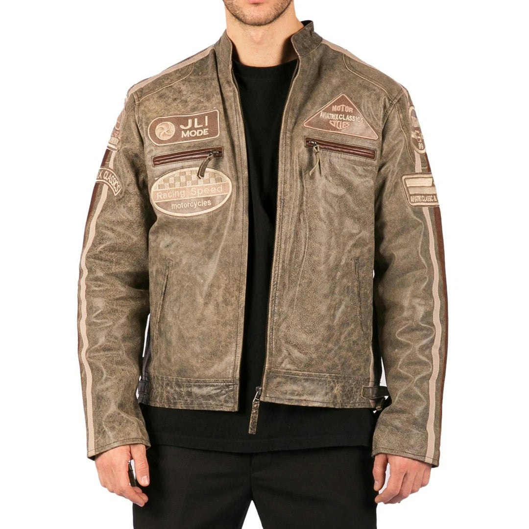 Infinity Leather Men's Leather Company Zipped Biker Leather Jacket - Tan - Large