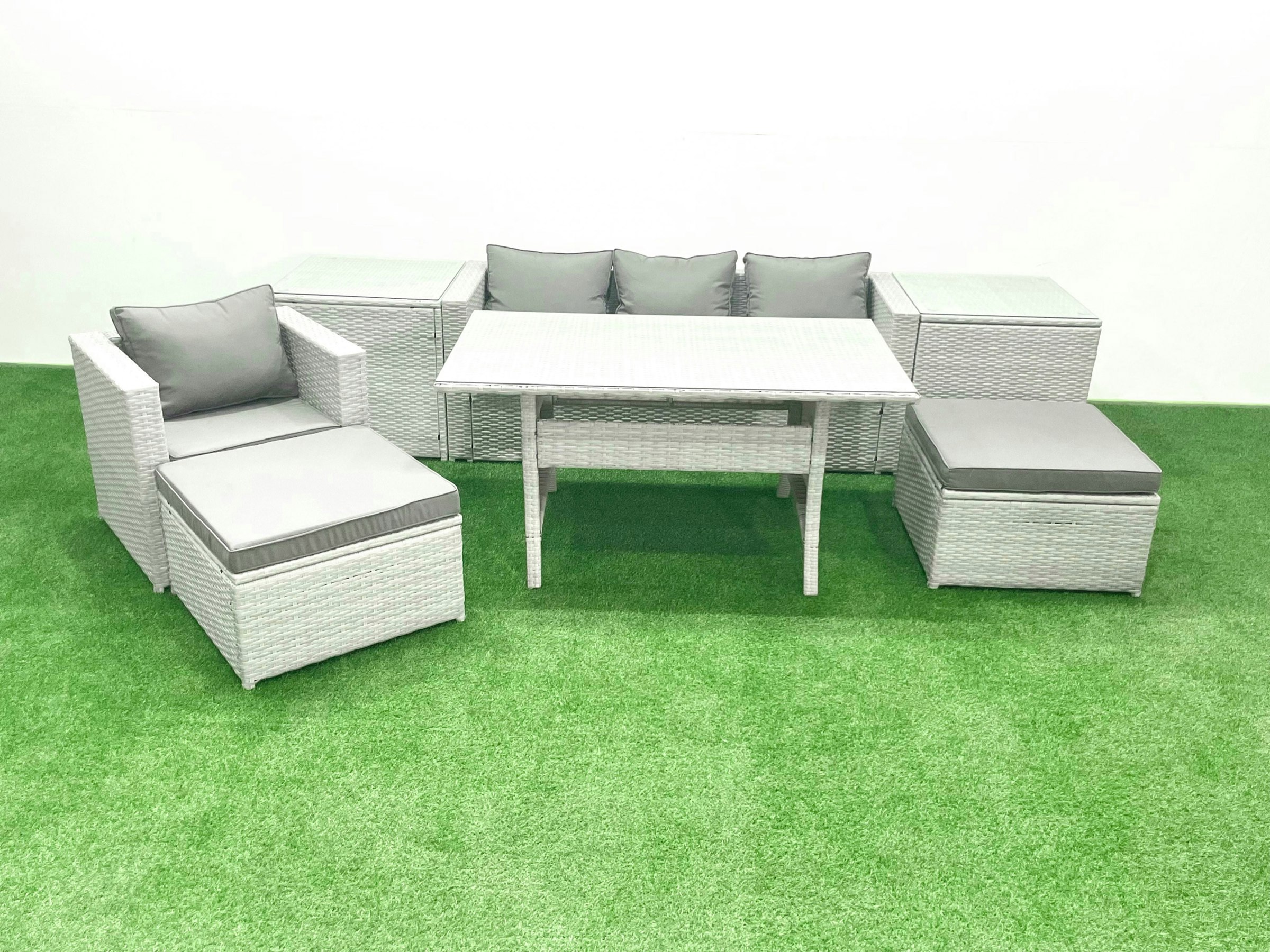 Fimous Light/Grey Rattan Garden Furniture Set Outdoor 6 Seater Patio Dining Sets With Glass Top Dining Table 2 Side Tables Mixed