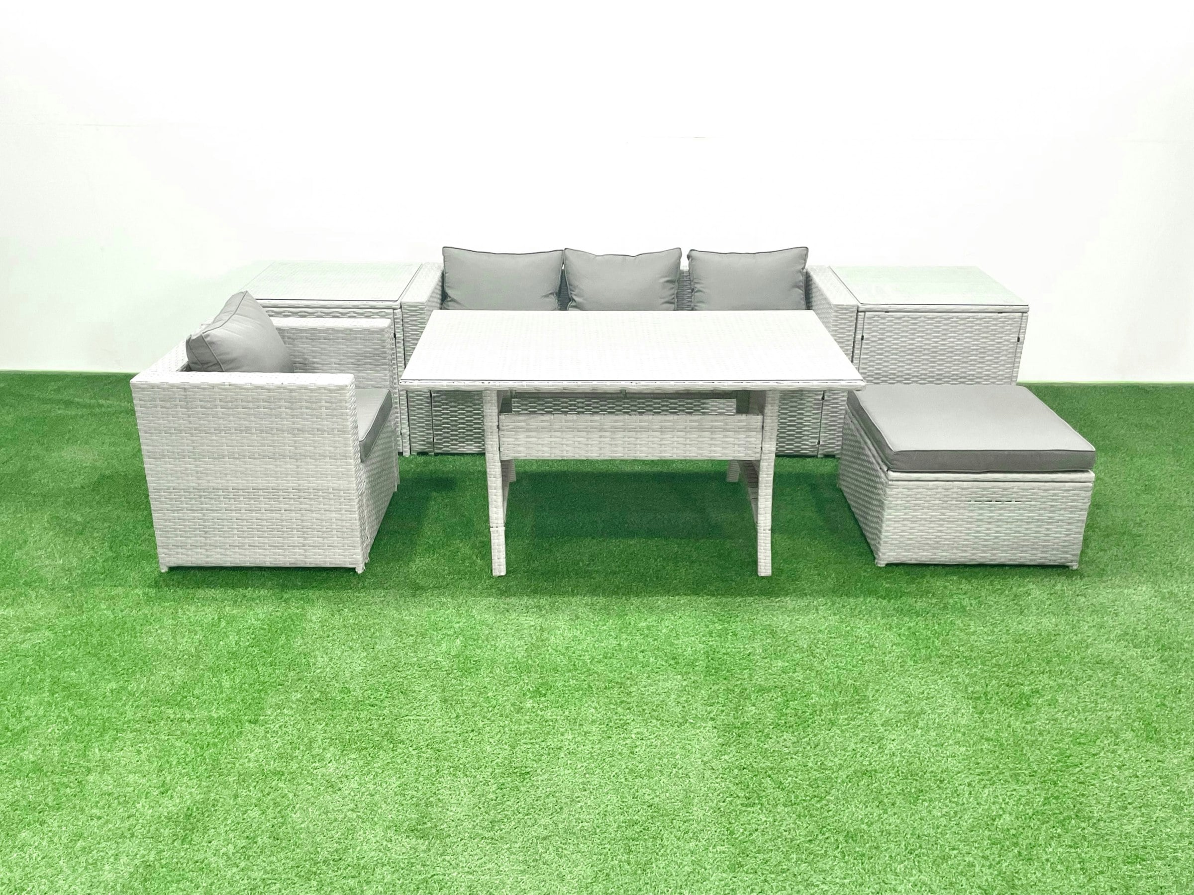 Rackhams Light/Grey Rattan Garden Furniture Dining Set 5 Seater Lounge Sofa Chair Dining Table Set With Big Footstool Mixed