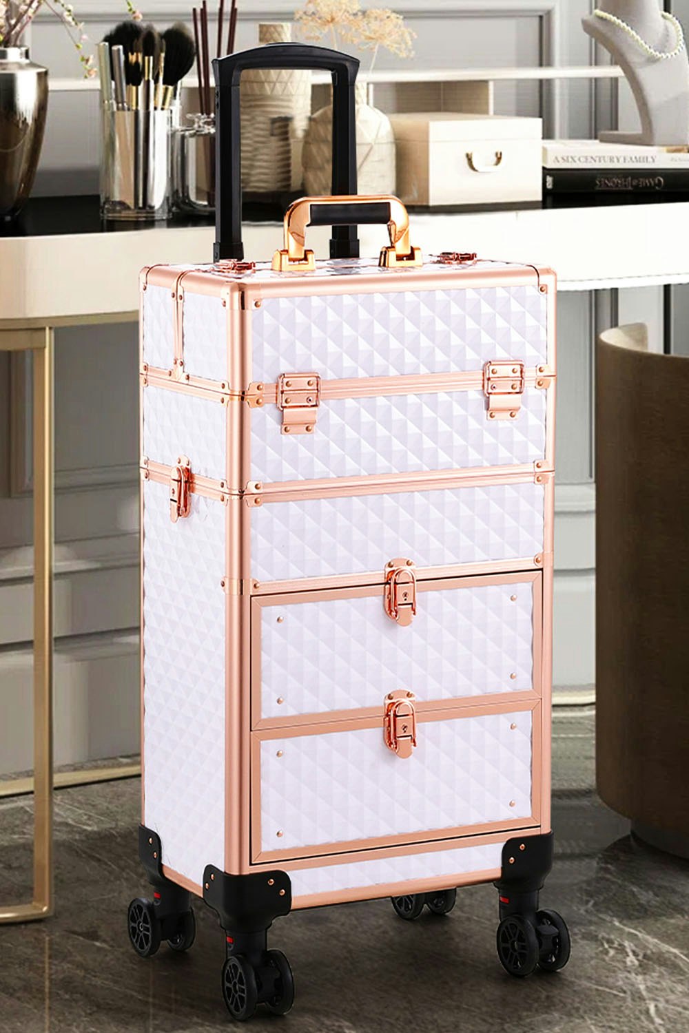 Living And Home White Professional 3-In-1 Makeup Trolley Large Beauty Cosmetics Vanity Organizer Rolling Case