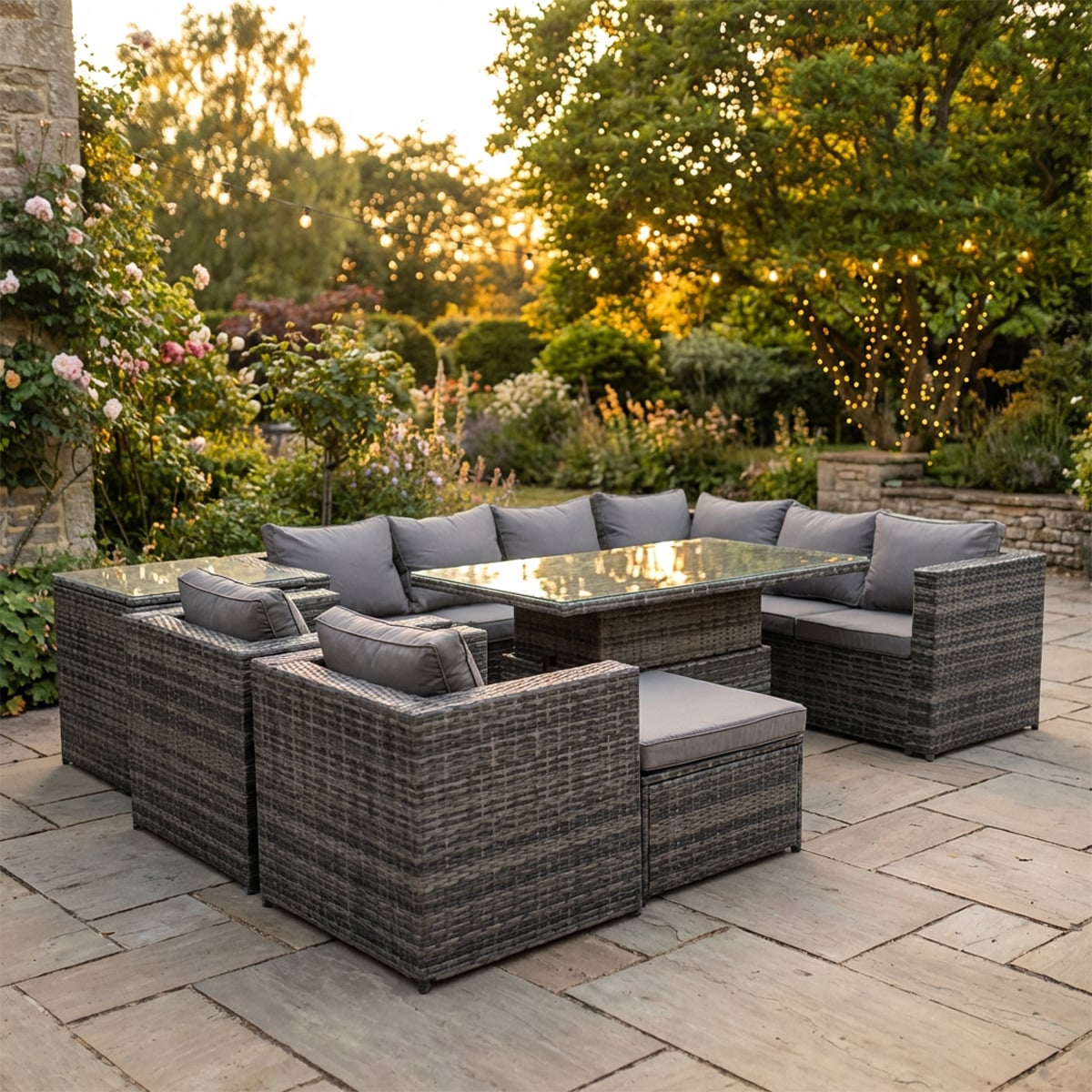 Rackhams Dark/Grey 9 Seater Rattan Furniture Set With Height Adjustable Rising Table, Corner Sofa, 2 Chairs, Stool & Side Table - Mixed